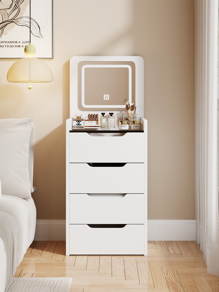 HAOYYE 3-in-1 Vanity Desk with Flip-Top Mirror, Small Makeup Vanity Set with Glass Desktop, Compact Dressing Table with 3 Drawers and Cushioned Stool, Christmas Gift, Sturdy and Stylish Home Furniture