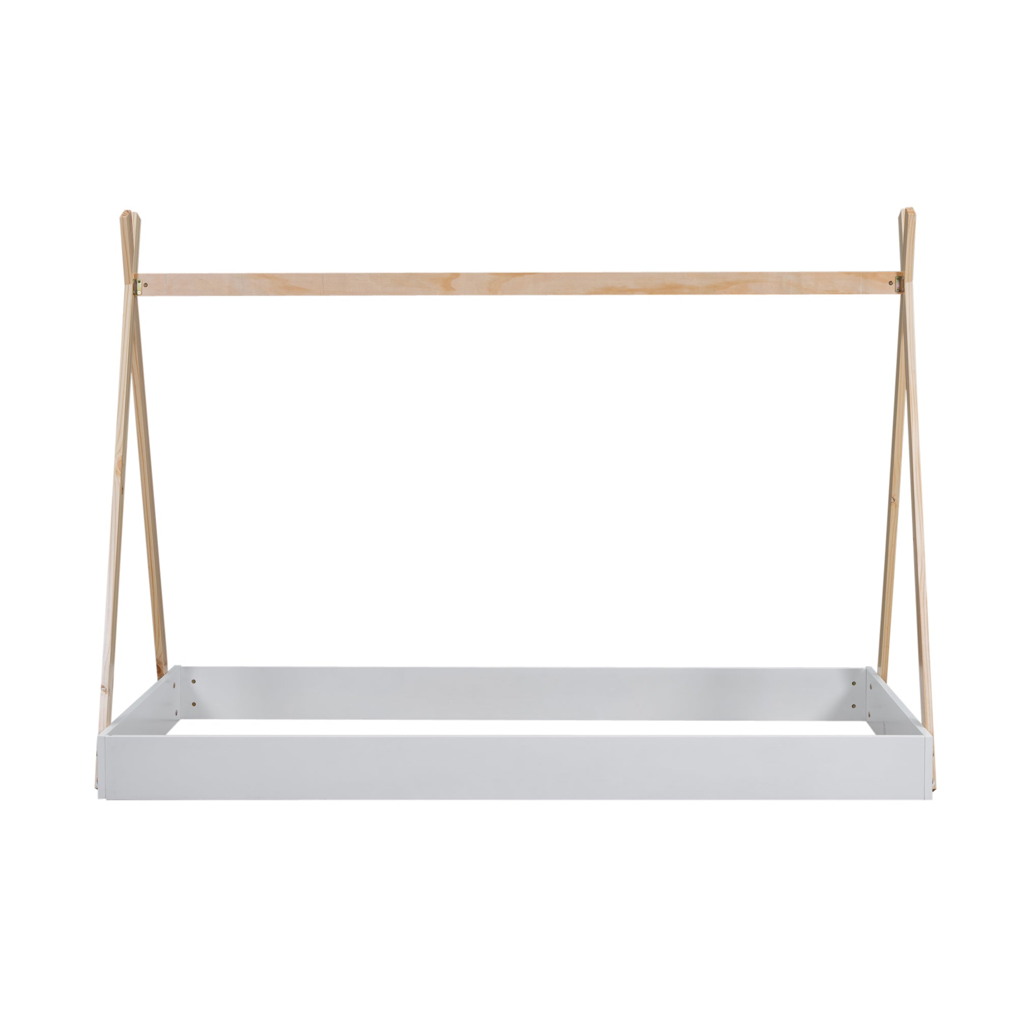 HAOYYE Twin Size Tent Floor Bed with Triangle Structure, White+Natural Sturdy Space-Saving Heavy Duty Modern Design Adults Dorm Room Easy Assembly Bedroom Furniture