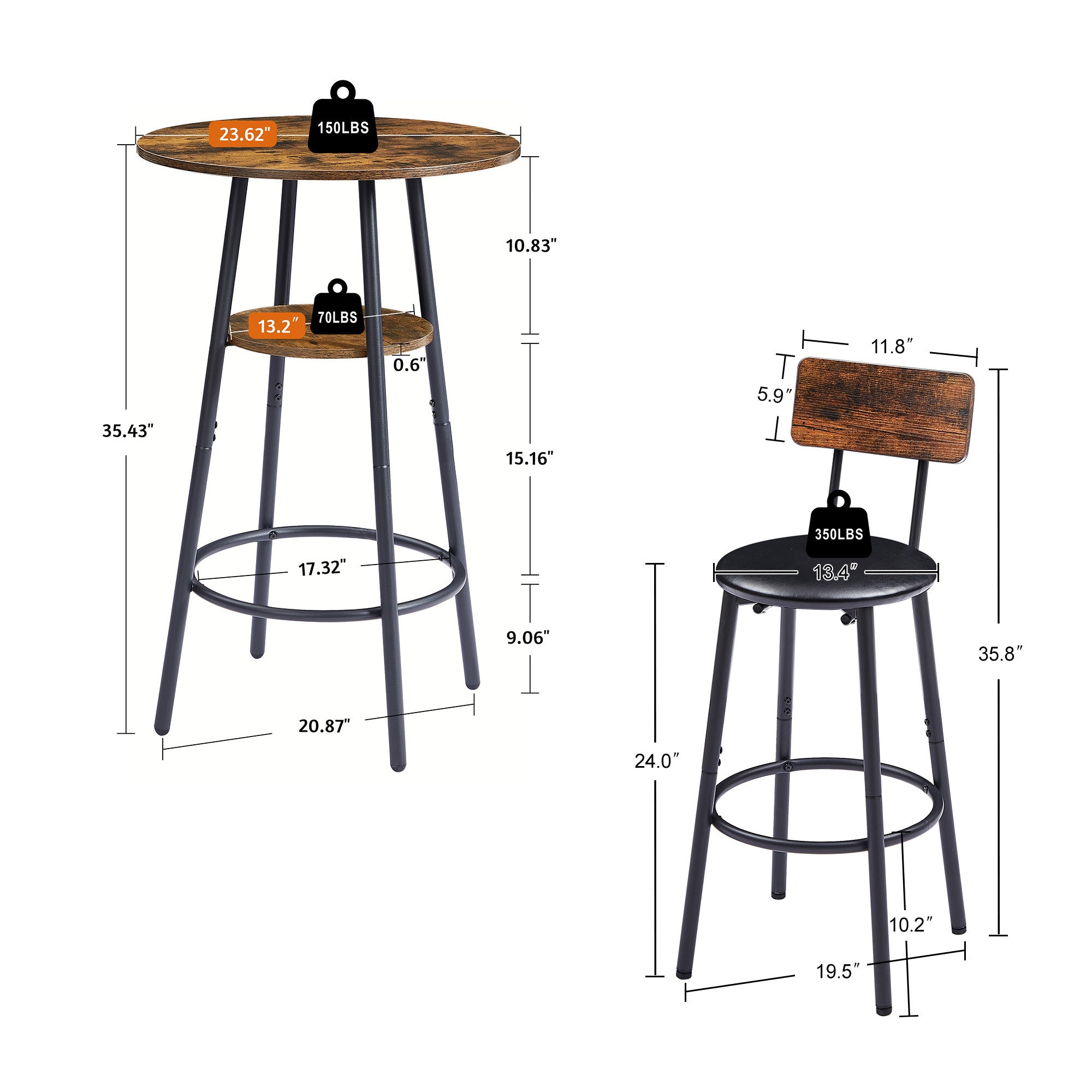 HAOYYE Round Bar Stool Set with Shelf, Upholstered Stool with Backrest, Rustic Brown, Sturdy Space-Saving Heavy Duty Design, Easy Assembly, Stylish and Durable, Ideal for Small Spaces
