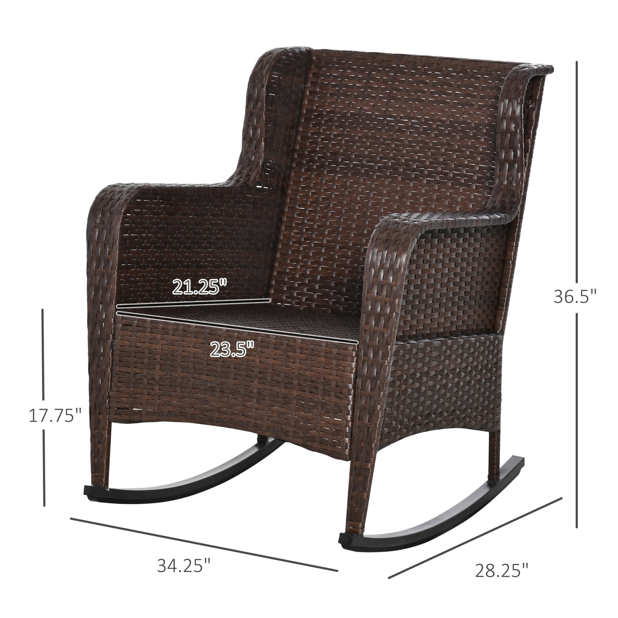 HAOYYE Brown Rattan Outdoor Rocking Chair with Wine Red Cushions, PE Wicker and Steel Frame Lounge Chair with Thick Padded Washable Cushions and Wide Armrests, Ideal for Patio Porch Garden and Backyard Relaxing Seating