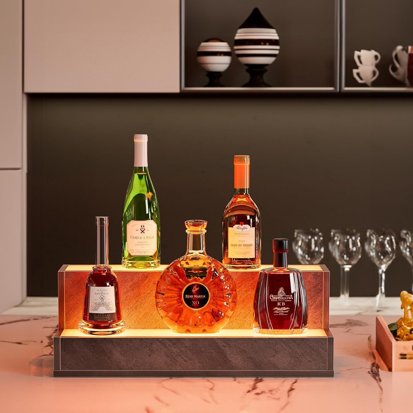 HAOYYE LED Lighted Liquor Bottle Display Shelf, 20 Inch Bar Display Shelf, DIY Illuminated Bottle Shelf with App & Remote Control, 2 Step Freestanding Holding Bottles for Home Bar, Party, Grey Sturdy