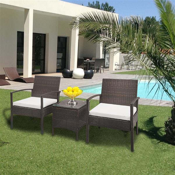 HAOYYE 3-Piece Rattan Patio Conversation Set with 2 Armchairs and Square Glass Coffee Table, PE Wicker Outdoor Sofa Set with Cushions,Porch, Backyard, Balcony