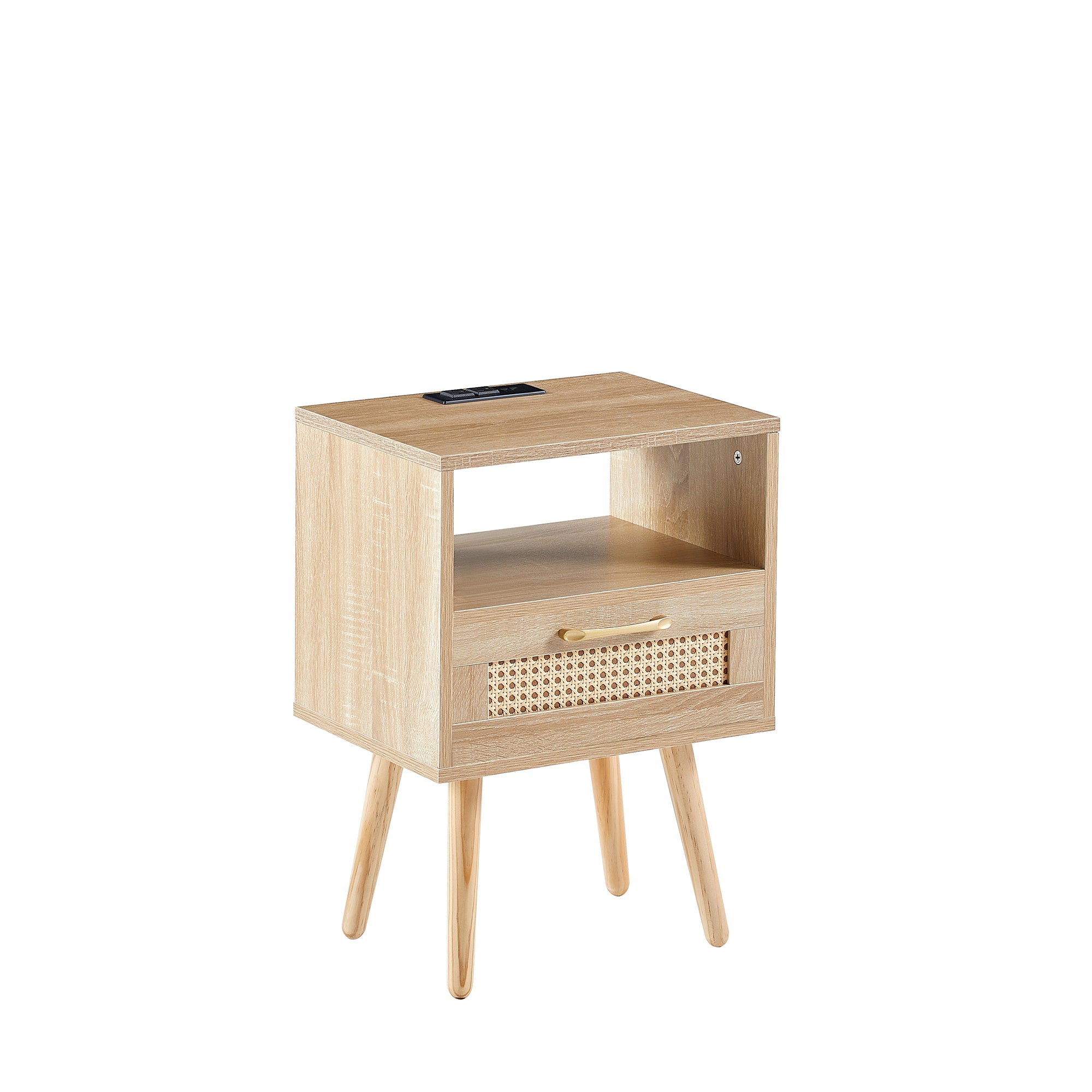 HAOYYE Rattan End Table with Power Outlet & USB Ports, Modern Nightstand with Drawer and Solid Wood Legs, Natural, Sturdy Space-Saving Design, Heavy Duty Construction, Stylish and Durable Home Furniture for Living Room or Bedroom