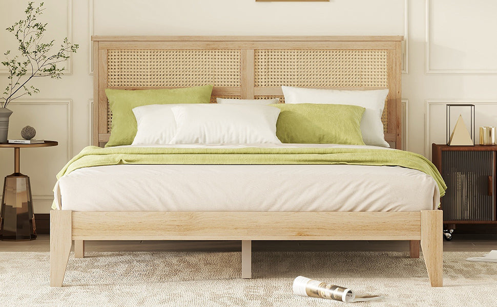 HAOYYE Queen Size Rubber Wooden, Solid Wooden Bed with Rattan Headboard, Enhanced by Support Feet,Oak White Sturdy Space-Saving Heavy Duty Modern Design Adults Dorm Room Easy Assembly Bedroom Furniture