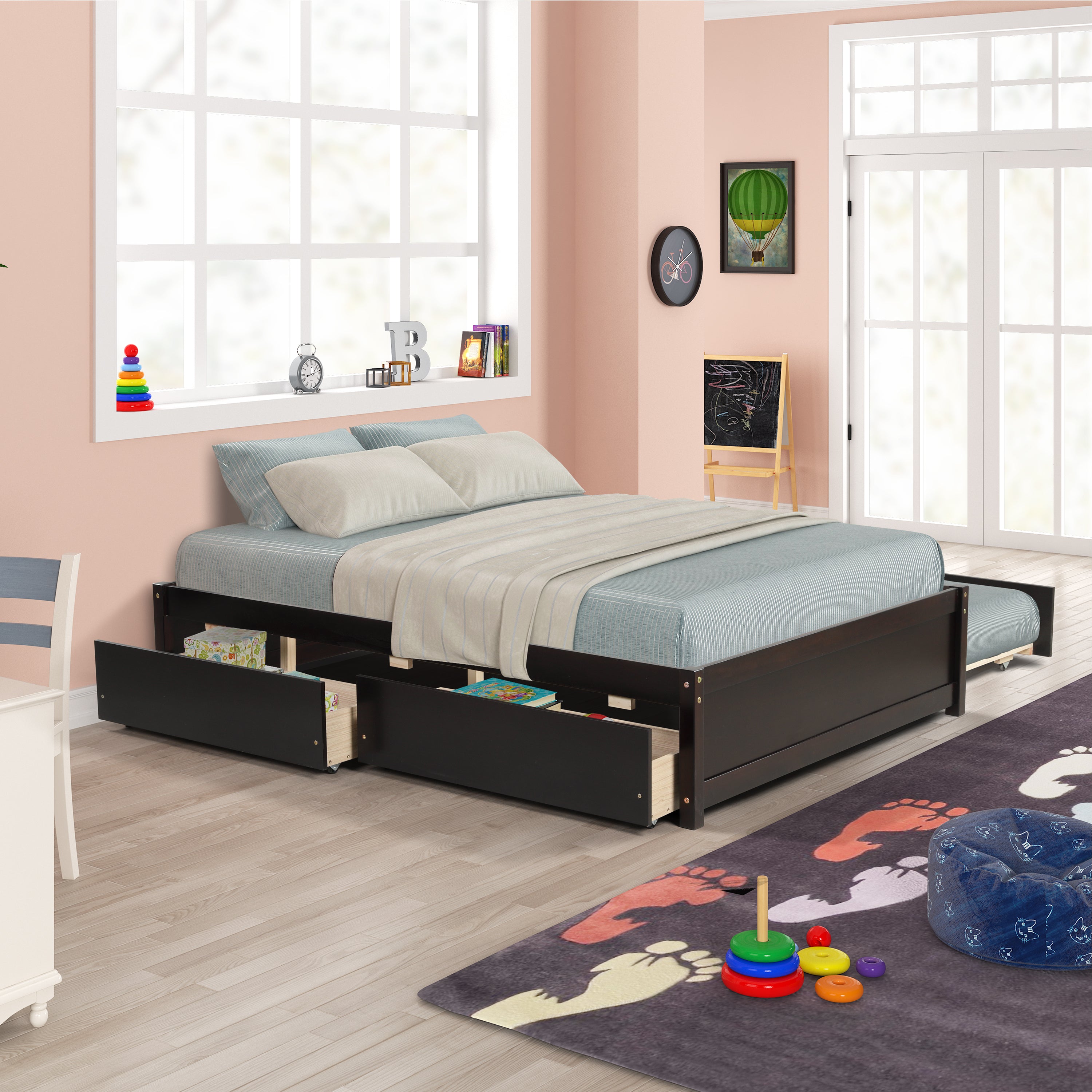 HAOYYE Full Bed With Trundle And Two Storage Drawers, Espresso Wood Platform Bed Frame, Space-Saving Heavy Duty Design, Modern Style For Bedroom Or Dorm Room, Easy Assembly