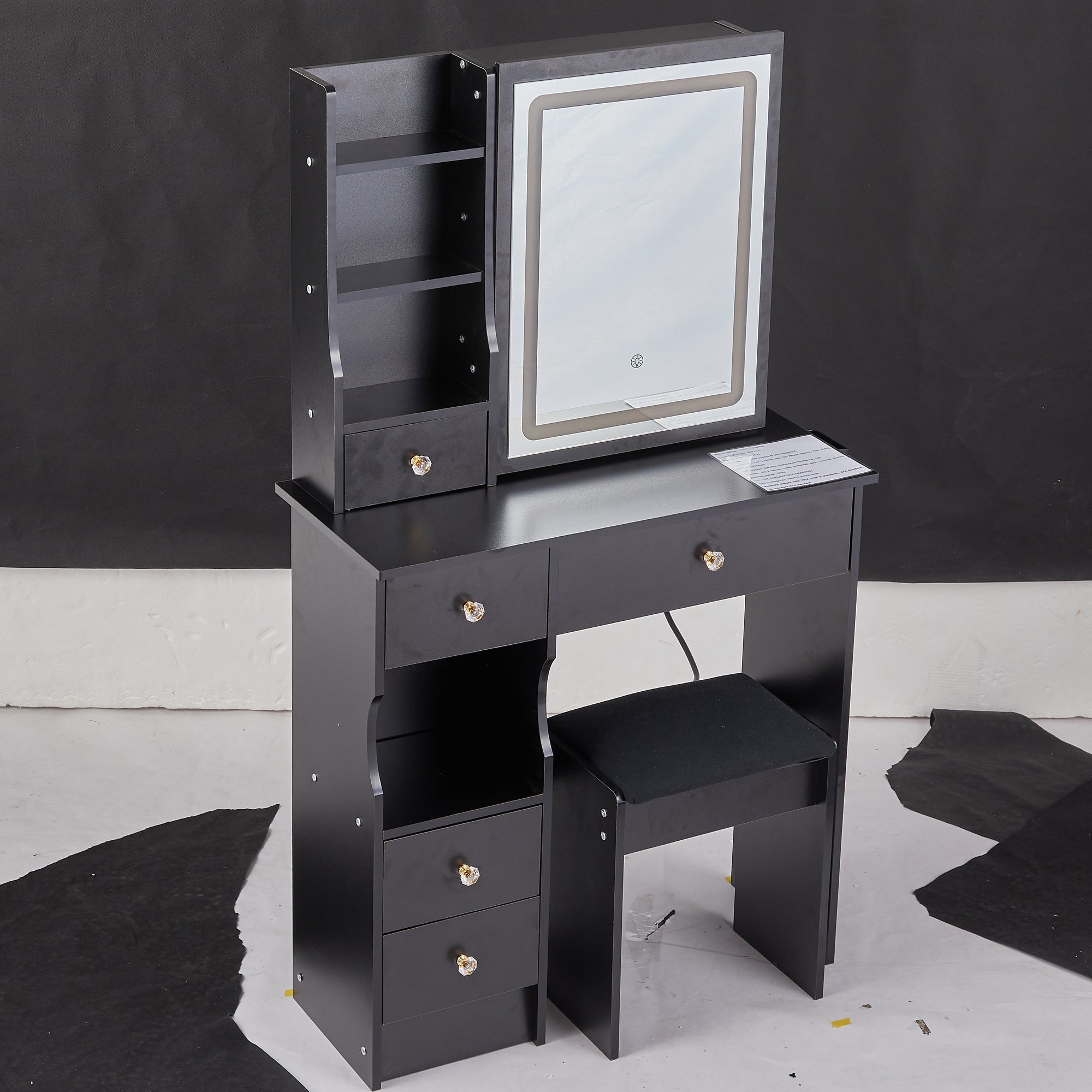 HAOYYE Compact Vanity Desk with Left Drawer, Cushioned Stool, Sliding Touch LED Mirror, Tri-Color Lighting, Adjustable Brightness, Multi-Layer Storage, EPA GCC UL Certified for Small Spaces
