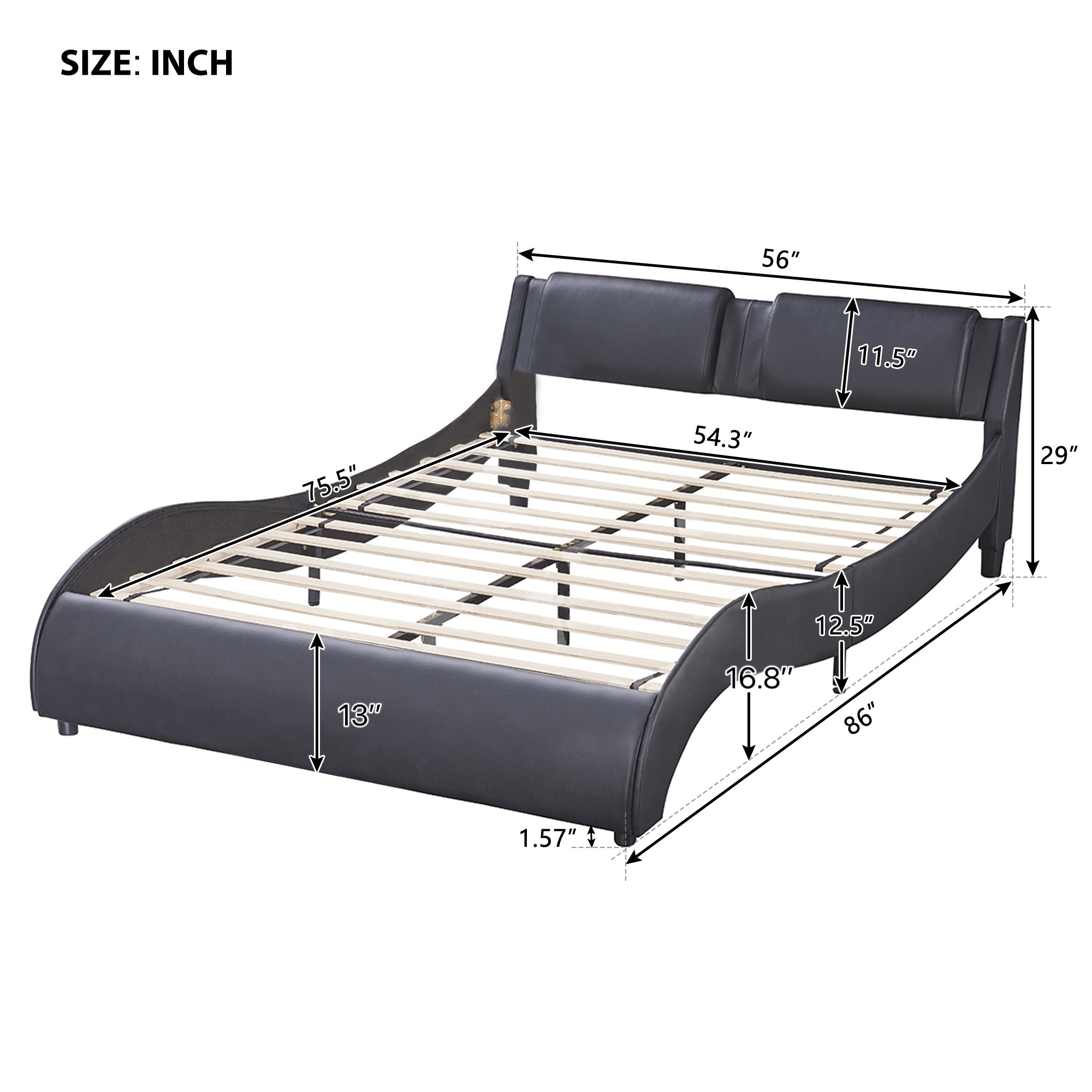 HAOYYE Full Size Upholstered Faux Leather Platform Bed with LED Light Bed Frame with Slatted - Black Sturdy Space-Saving Heavy Duty Modern Design Easy Assembly Durable Stylish Home Furniture Versatile