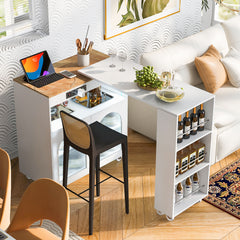HAOYYE K&K Rolling Kitchen Island With Extended Table, Kitchen island on Wheels with LED Lights,Power Outlets and 2 Fluted Glass Doors, Kitchen Island with a Storage Compartment and Side 3 Open Shelves,White