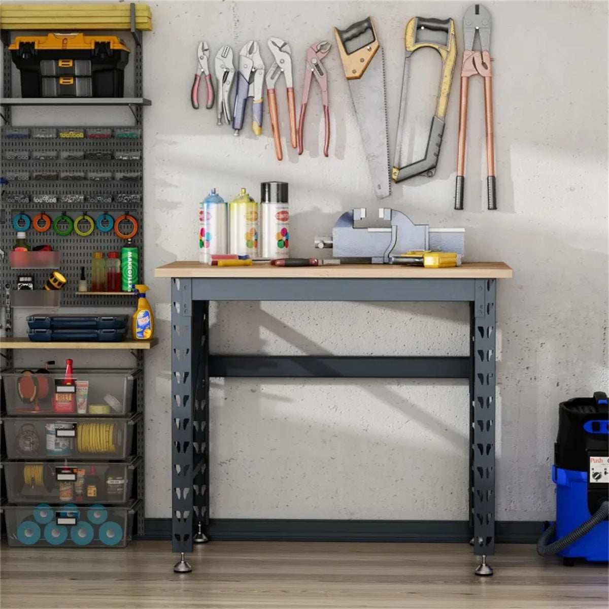 HAOYYE Garage Work Bench with Adjustable Footpads Wood Tabletop Heavy Duty Workstation Tool Table for Workshop Home Office Utility Workbench for Repair Assembly Craft Projects