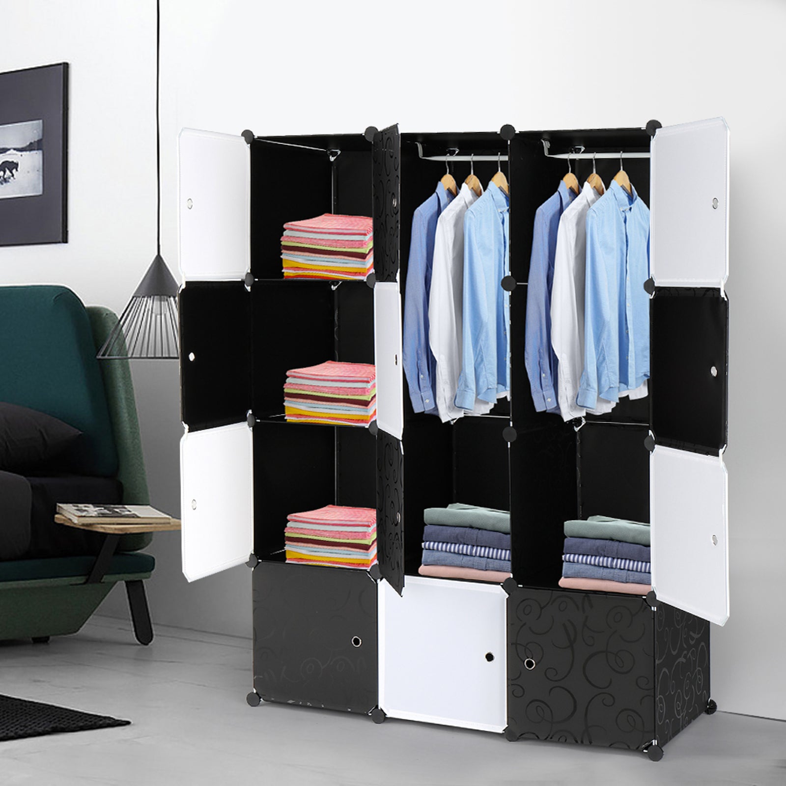 DE Direct HAOYYE 12 Cube Organizer Stackable Plastic Storage Shelves Modular Closet Cabinet with Hanging Rod Multifunctional Stackable Design for Bedroom Entryway Living Room Black and White