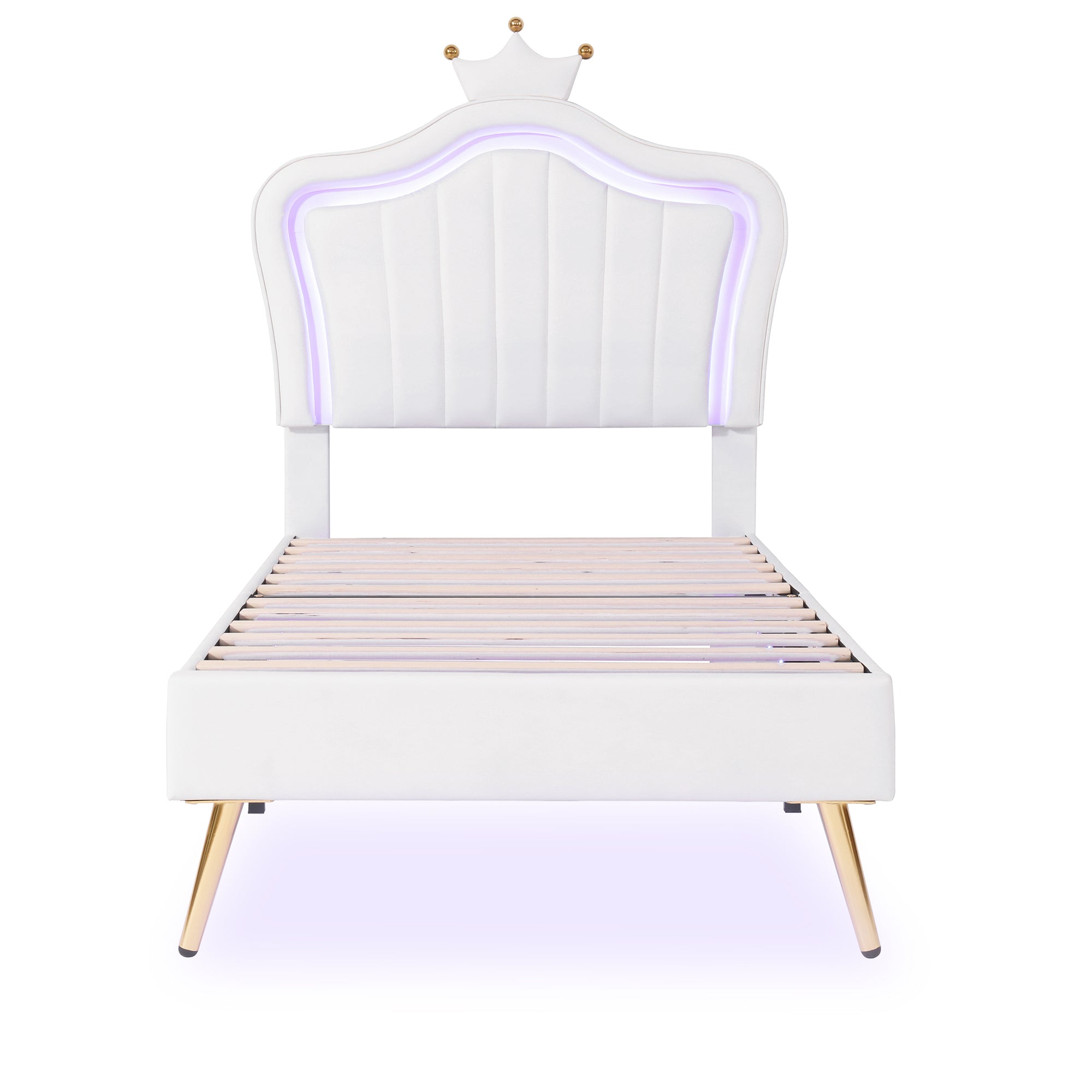 HAOYYE Twin Size Upholstered Bed Frame with LED Lights, Modern Upholstered Princess Bed With Crown Headboard,White Sturdy Space-Saving Heavy Duty Modern Design Adults Dorm Room Easy Assembly