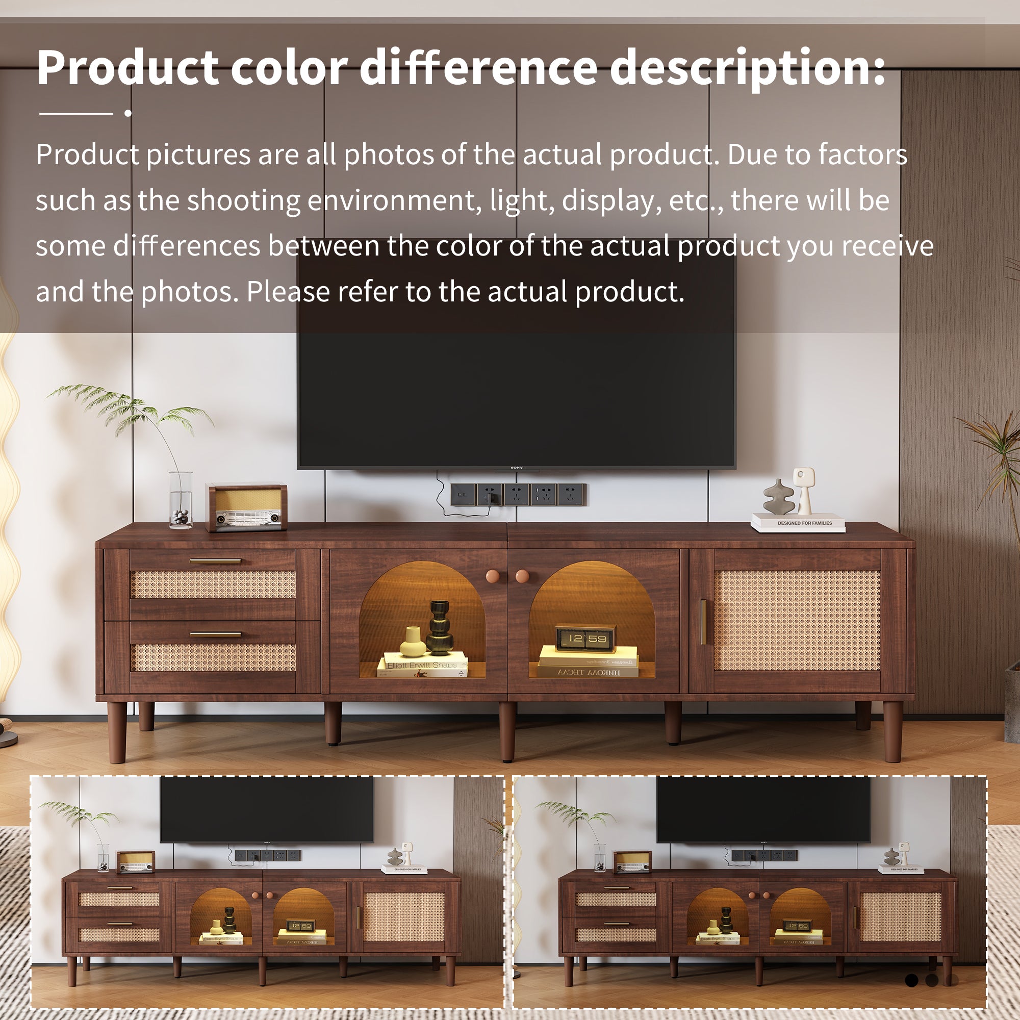 HAOYYE Rattan TV Stand with 3 Cabinets & 2 Drawers, Rattan-Inspired Media Console Table for TVs up to 80", LED Light Entertainment Center, TV Cabinet for Living Room, Bedroom, Home Theater, Sturdy Heavy Duty Construction