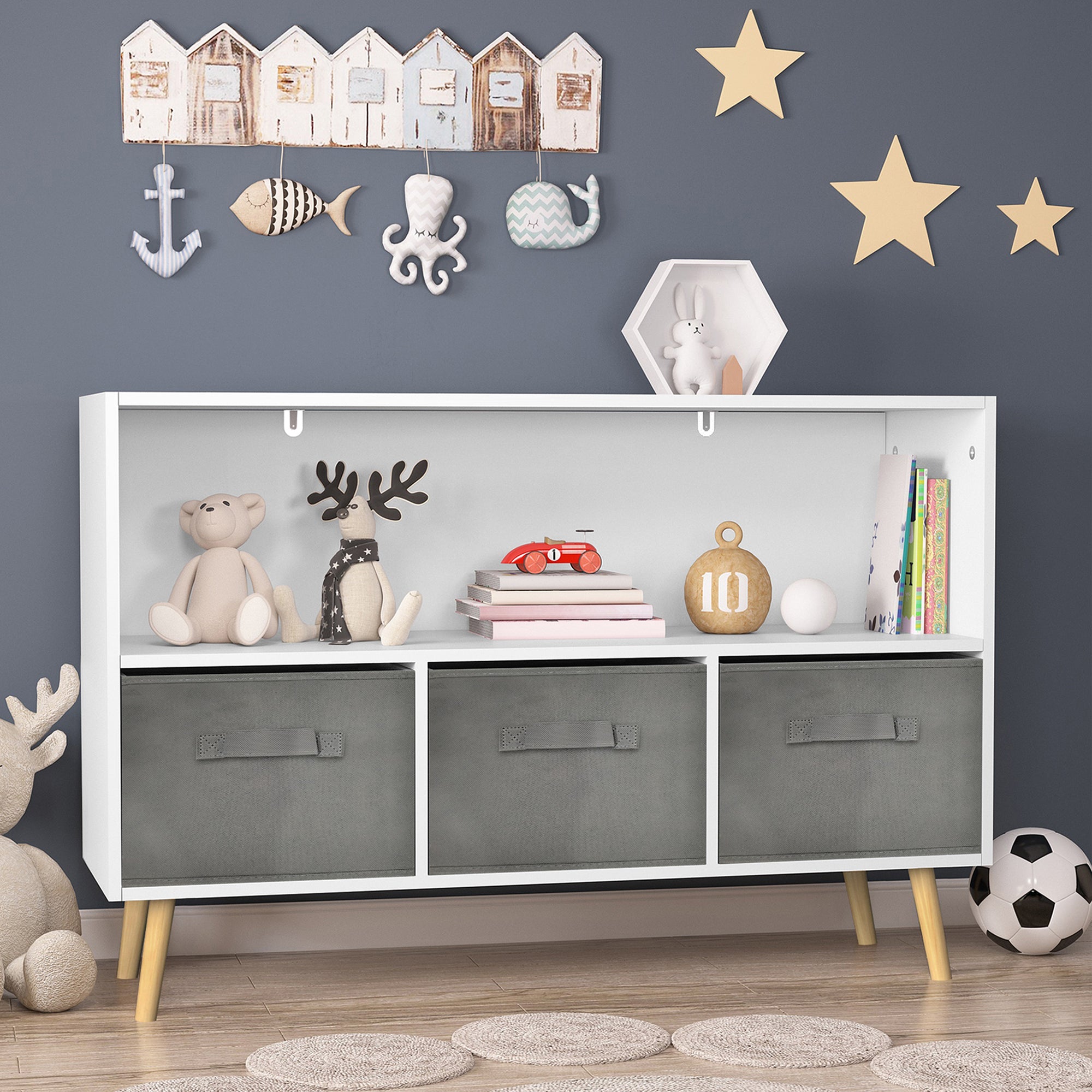 HAOYYE Bookcase with Collapsible Fabric Drawers, Book Display and Toy Storage Cabinet Organizer, White/Gray, Sturdy Space-Saving Design, Heavy Duty Construction, Easy Assembly, Durable and Stylish Home Furniture