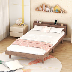 HAOYYE Modern Design Twin Size Platform Bed Frame with Built-in USB port for Walnut Color Sturdy Space-Saving Heavy Duty Easy Assembly Durable Stylish Home Furniture Versatile
