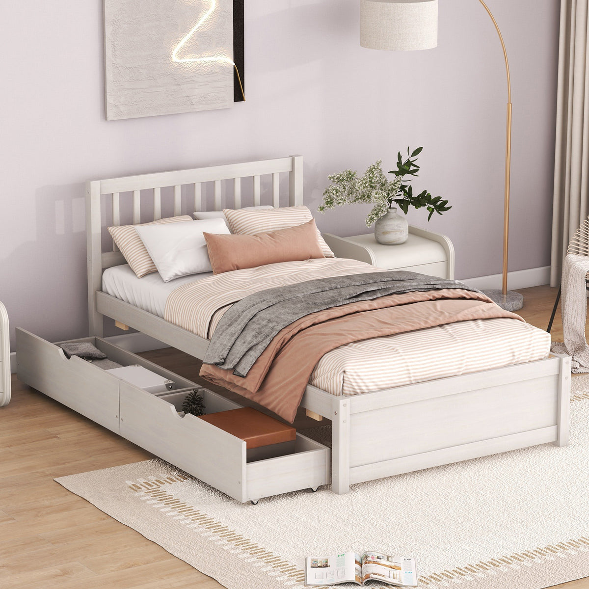 HAOYYE Modern Design Wooden Platform Bed with Two Drawers for White Washed Color Home Furniture Featuring Sturdy Heavy Duty Build, Space Saving Design, Easy Assembly, Durable Quality, Stylish Contemporary Aesthetic and Versatile for Any Living Space