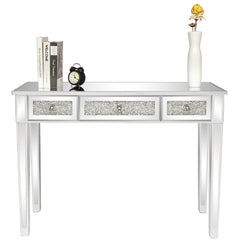 HAOYYE Modern Silver Computer Desk with MDF Mirror Surface and Broken Glass Design, Featuring Three Spacious Drawers for Efficient Storage, Stylish Home Office Workstation, Durable and Easy-to-Clean Surface