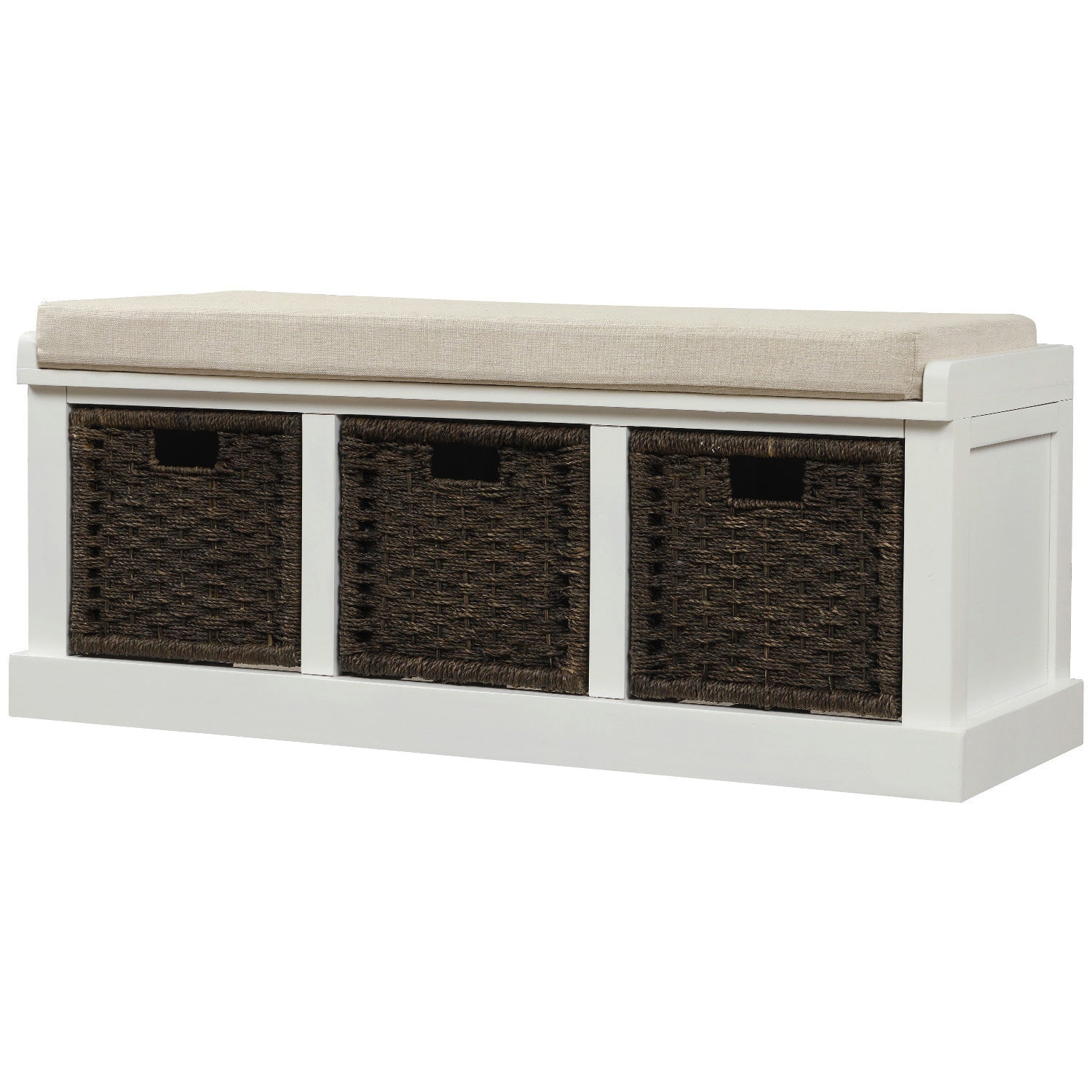 HAOYYE Rustic Storage Bench with 3 Removable Classic Rattan Basket , Entryway Bench Storage Bench with Removable Cushion (White) Sturdy Space-Saving Heavy Duty Modern Design Easy Assembly Durable
