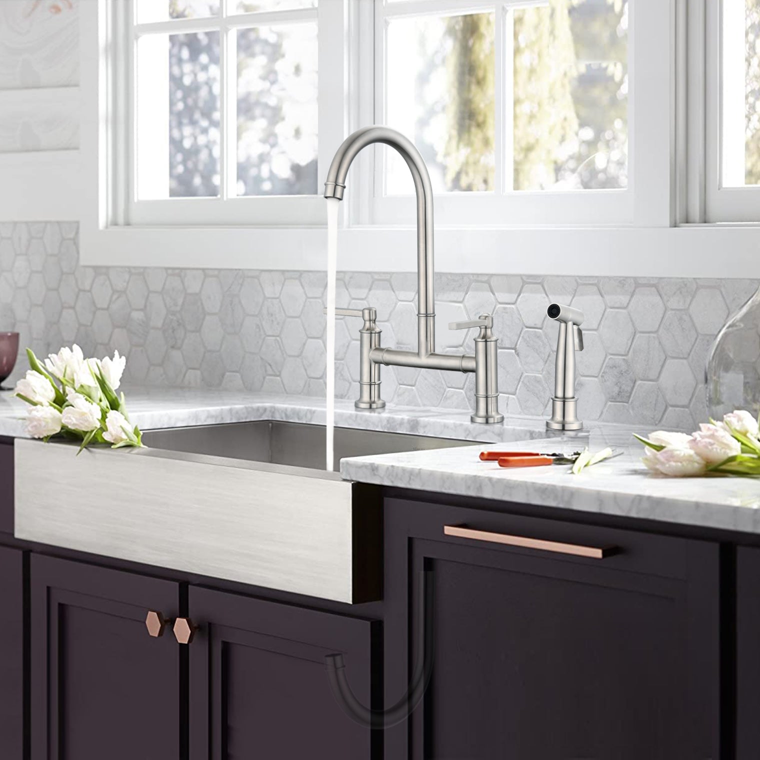 Haoyye Double Handle Bridge Kitchen Faucet with Side Sprayer, 360° Swivel High Arc Faucet with Dual Handle Control, Brushed Nickel SUS304 Stainless Steel Construction, Water-Saving Aerator, Modern Design for Home Kitchen, Easy to Install
