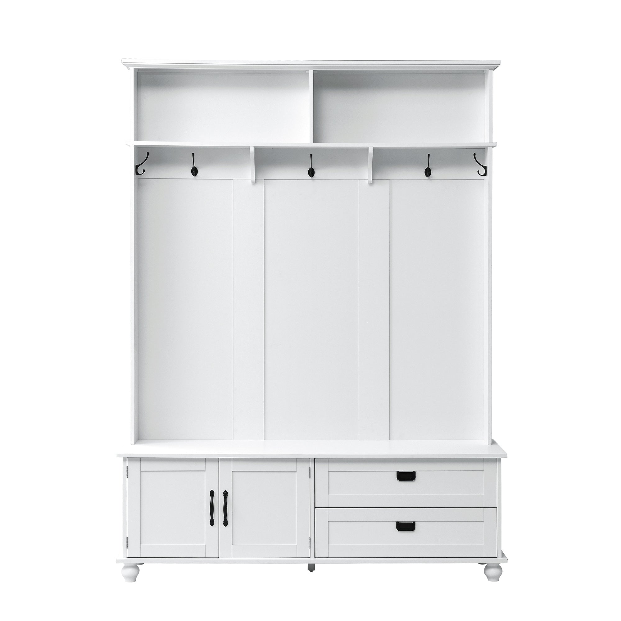 HAOYYE Modern White Hall Tree with Storage Cabinet, 2 Large Drawers, and 5 Coat Hooks, Sturdy Space-Saving Mudroom Bench, Heavy Duty Design for Adults