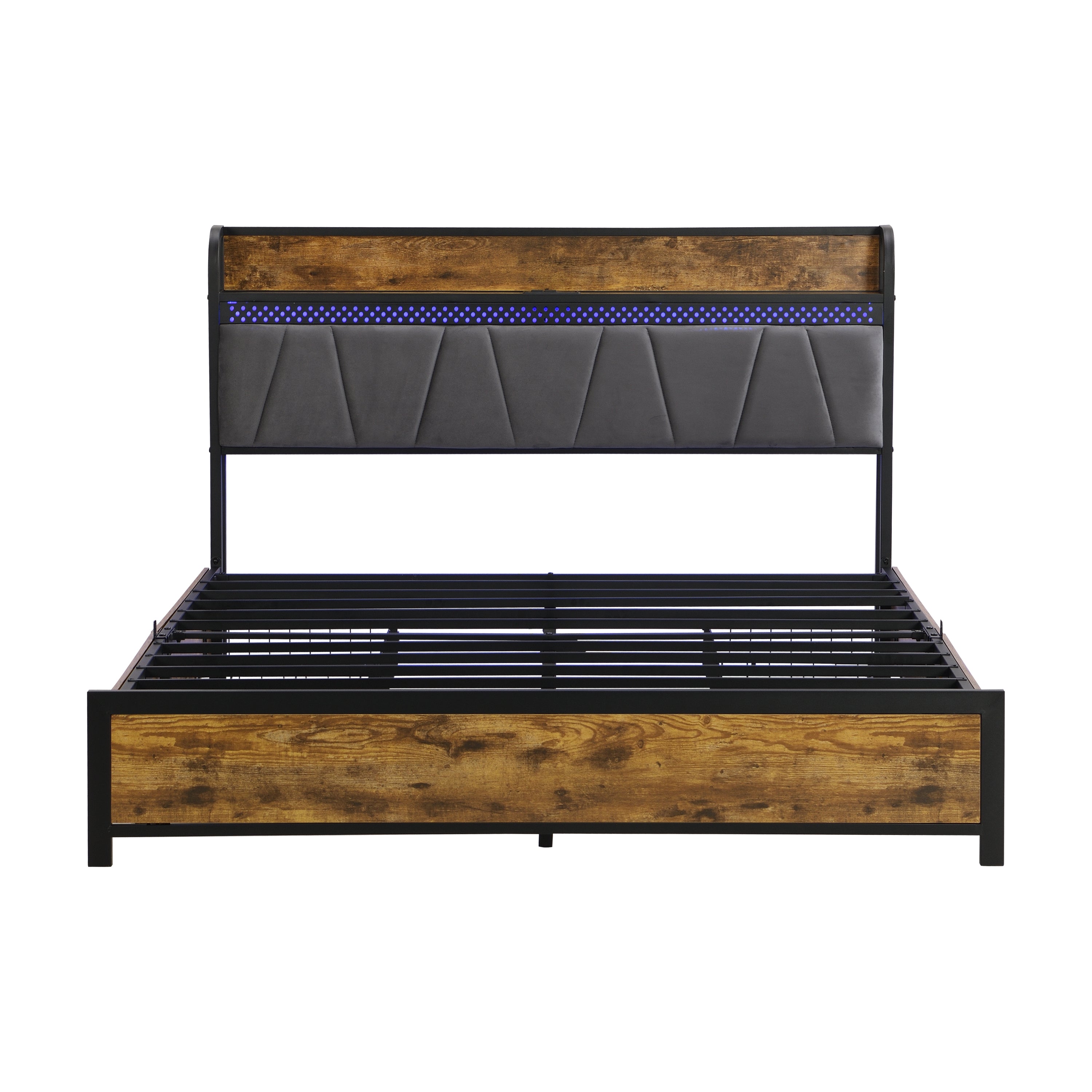HAOYYE Full Size Bed Frame with Storage Headboard, Charging Station, LED Lights, and Four Drawers, Brown and Gray, Sturdy Space-Saving Design, Heavy Duty Construction, Modern Stylish Home Furniture