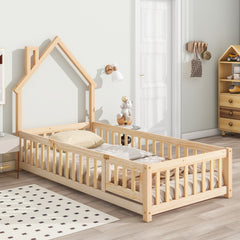 HAOYYE Twin House-Shaped Headboard Floor Bed with Fence ,Natural Sturdy Space-Saving Heavy Duty Modern Design Adults Dorm Room Easy Assembly Bedroom Furniture