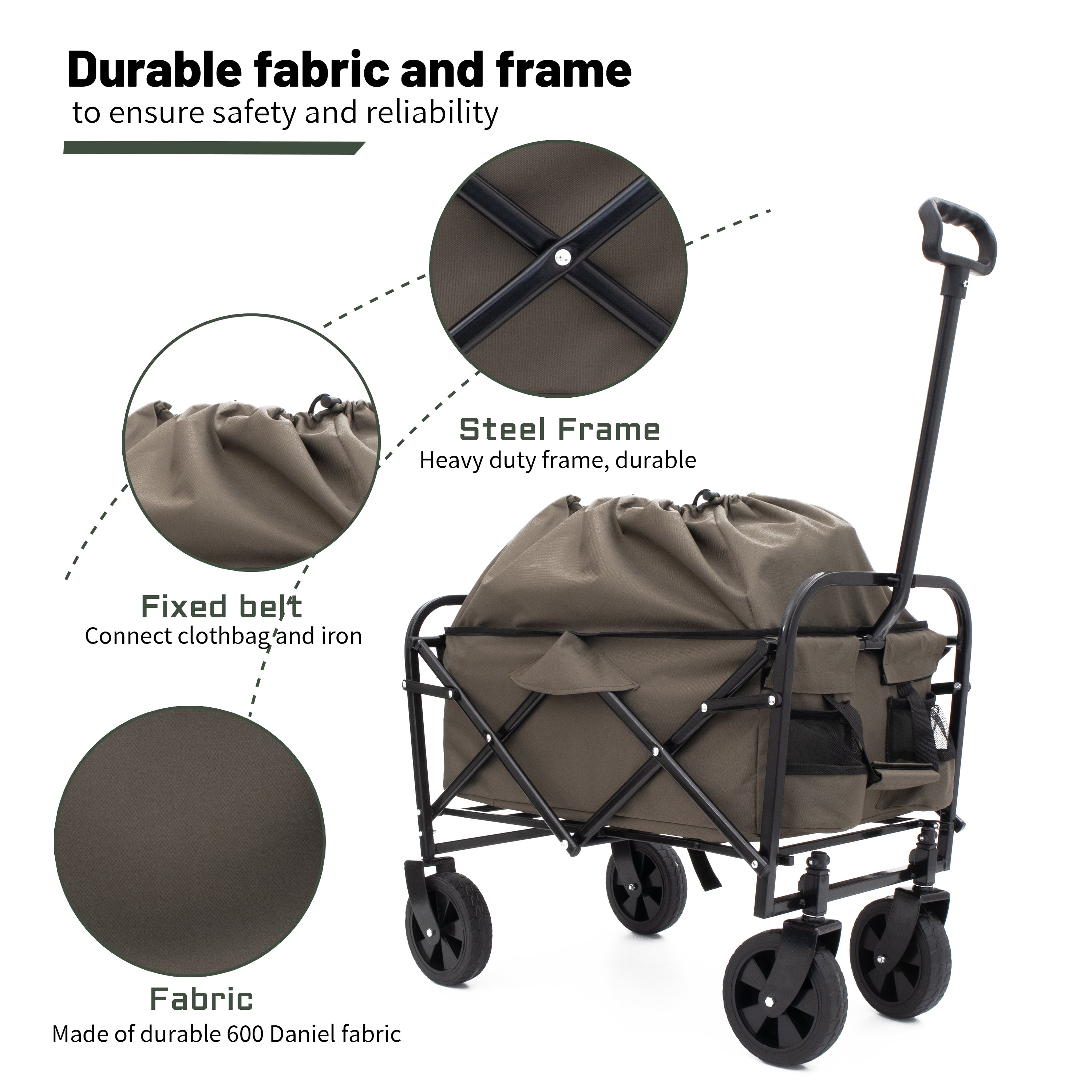 HAOYYE Multi-Use Collapsible Foldable Wagon Cart with Heavy Duty Frame, Utility Wagon for Camping and Grocery Shopping, Includes 3-Piece Plastic Liner Bag and Cover, Durable Beach Cart in Olive Green