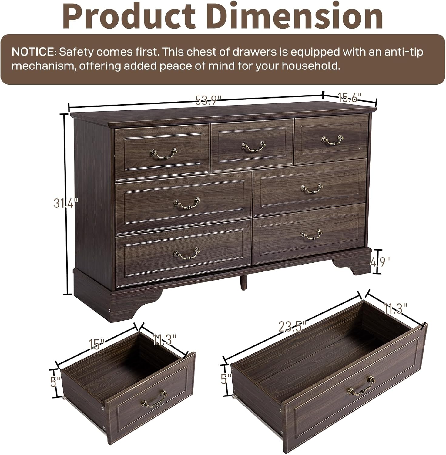 HAOYYE Brown 7 Drawer Double Dresser with Wide Storage Drawers for Bedroom Living Room Entryway Organization