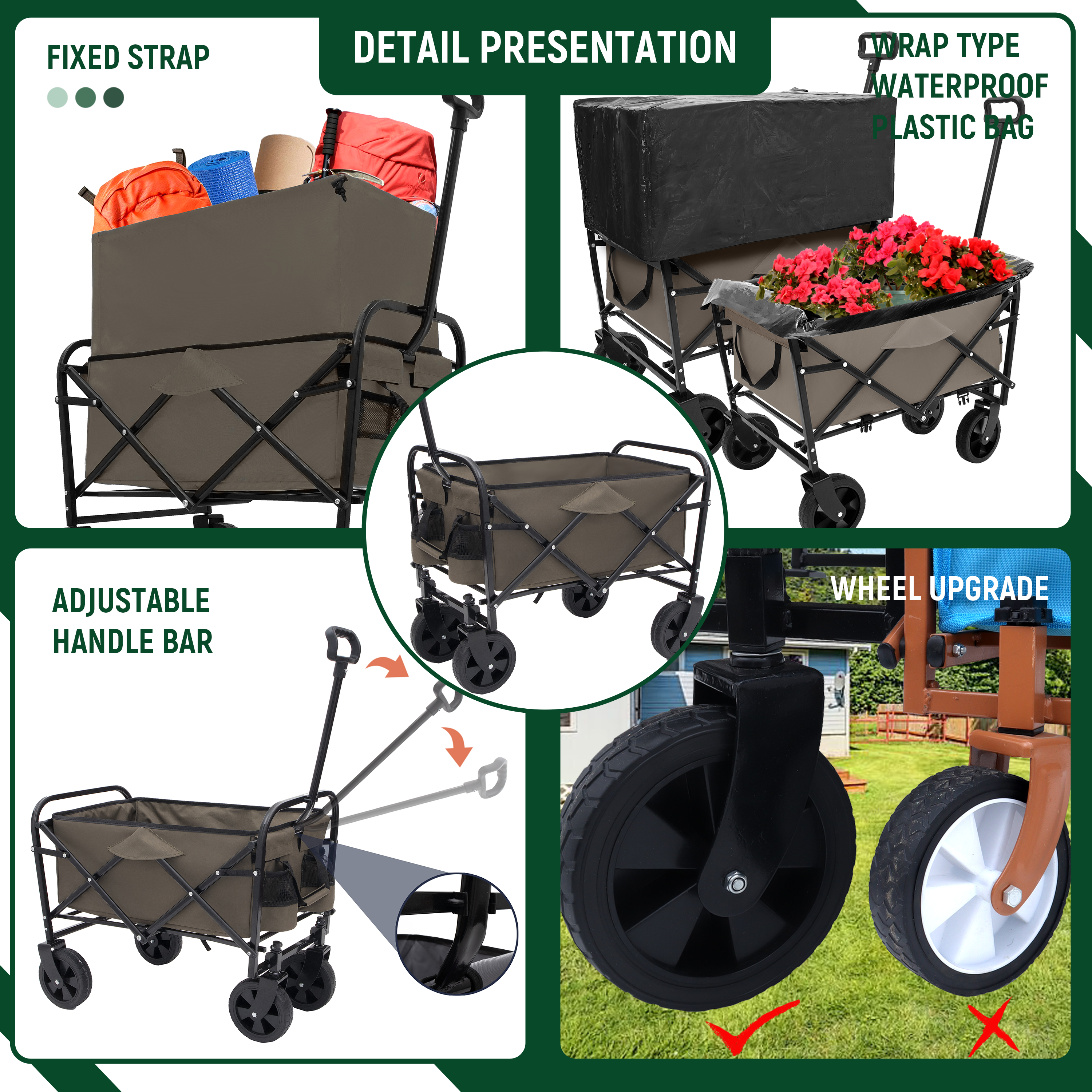 HAOYYE Multi-Use Collapsible Foldable Wagon Cart with Heavy Duty Frame, Utility Wagon for Camping and Grocery Shopping, Includes 3-Piece Plastic Liner Bag and Cover, Durable Beach Cart in Olive Green