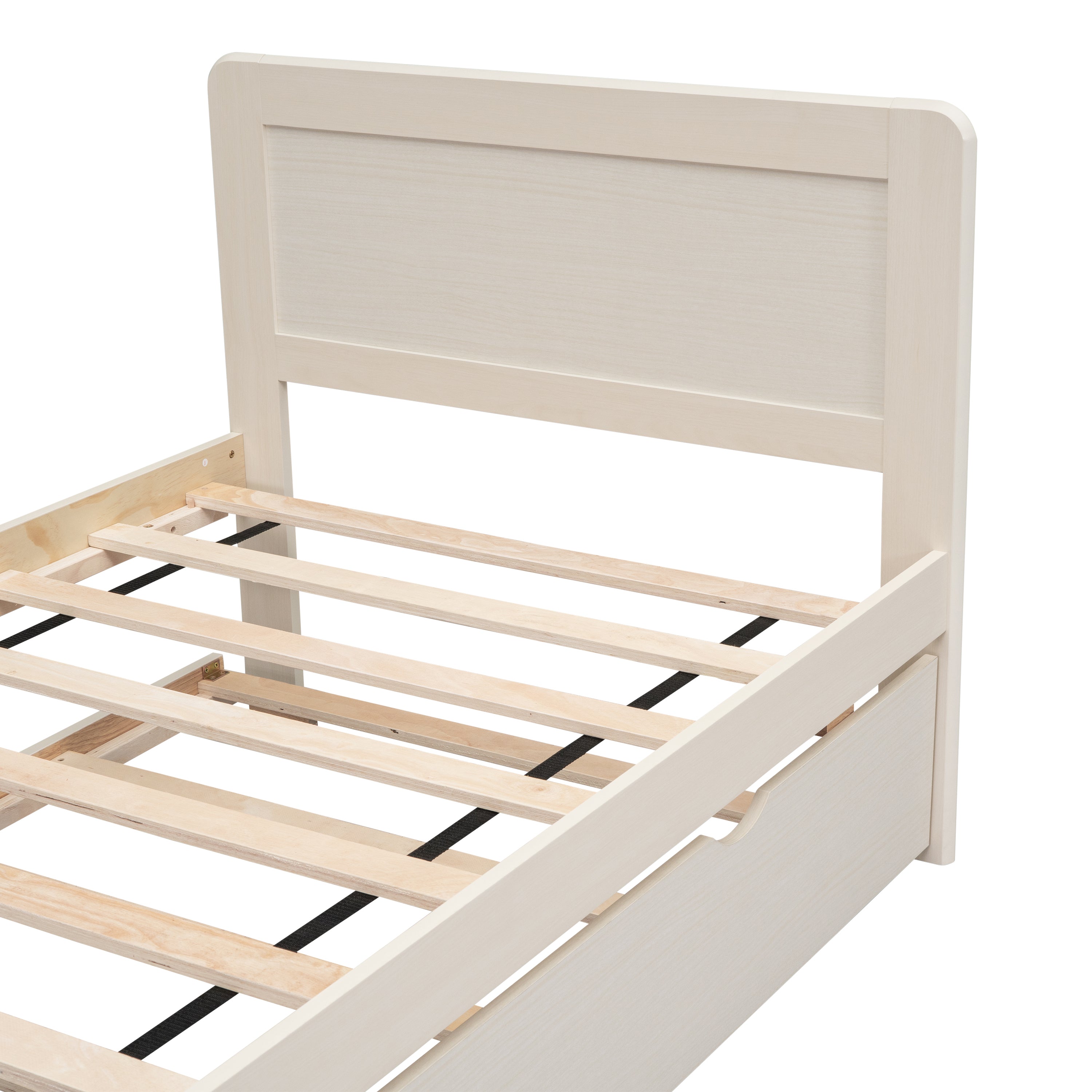 HAOYYE Modern Design Twin Size Platform Bed Frame with Trundle for White Washed Color Sturdy Space-Saving Heavy Duty Easy Assembly Durable Stylish Home Furniture Versatile