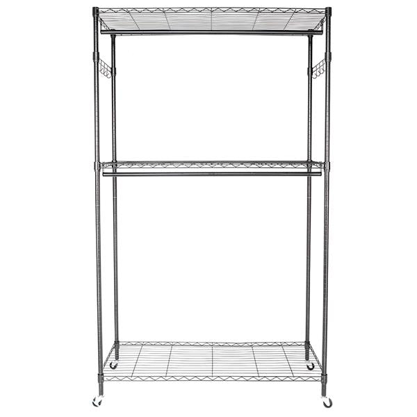 HAOYYE 2-Tier Rod Closet Organizer Garment Rack with Storage Shelf and Side Hooks, Portable Clothes Hanging Rack for Bedroom Entryway Apartment, Heavy Duty Metal Frame Wardrobe Organizer in Black