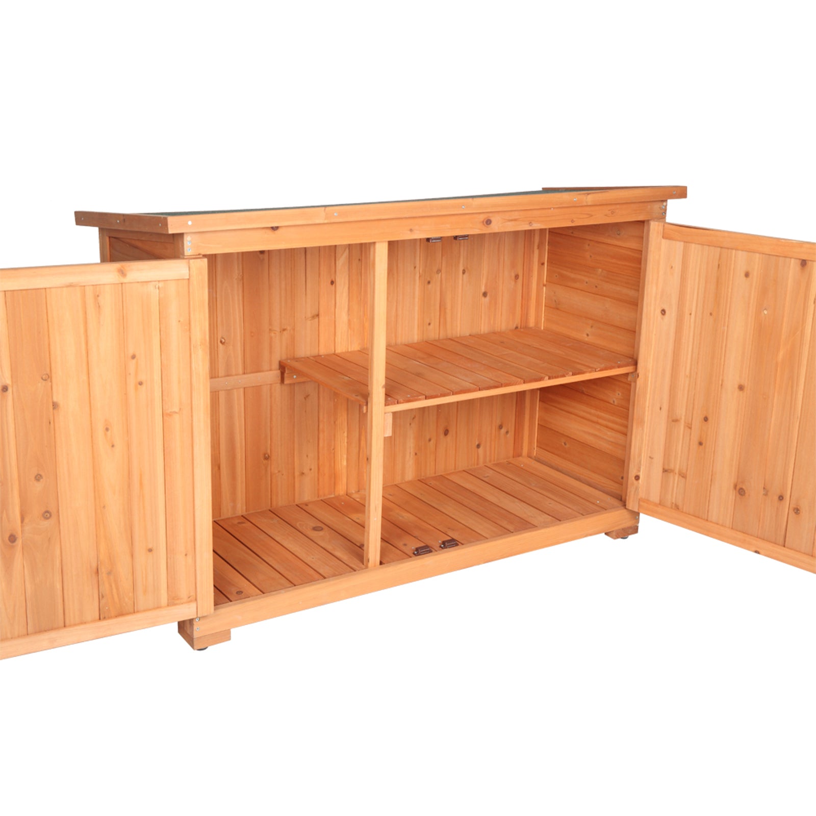 HAOYYE Double Doors Fir Wood Outdoor Storage Cabinet with Lock, Weatherproof Garden Shed Locker for Tools and Patio Supplies, Vertical Organizer Unit with Shelves for Backyard, Porch, or Balcony Use Orange Red