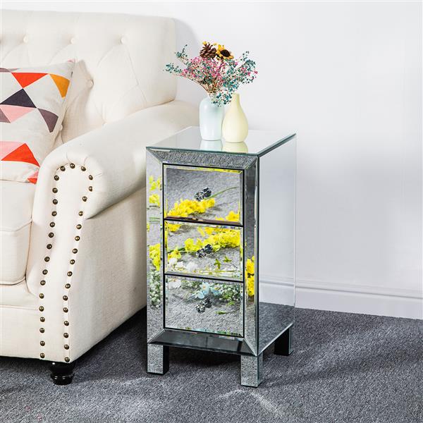 HAOYYE Modern Mirrored Nightstand with 3 Drawers, Contemporary Bedside Table with Glass Surface and Crystal Knobs, Stylish Storage Cabinet for Bedroom Living Room Decor
