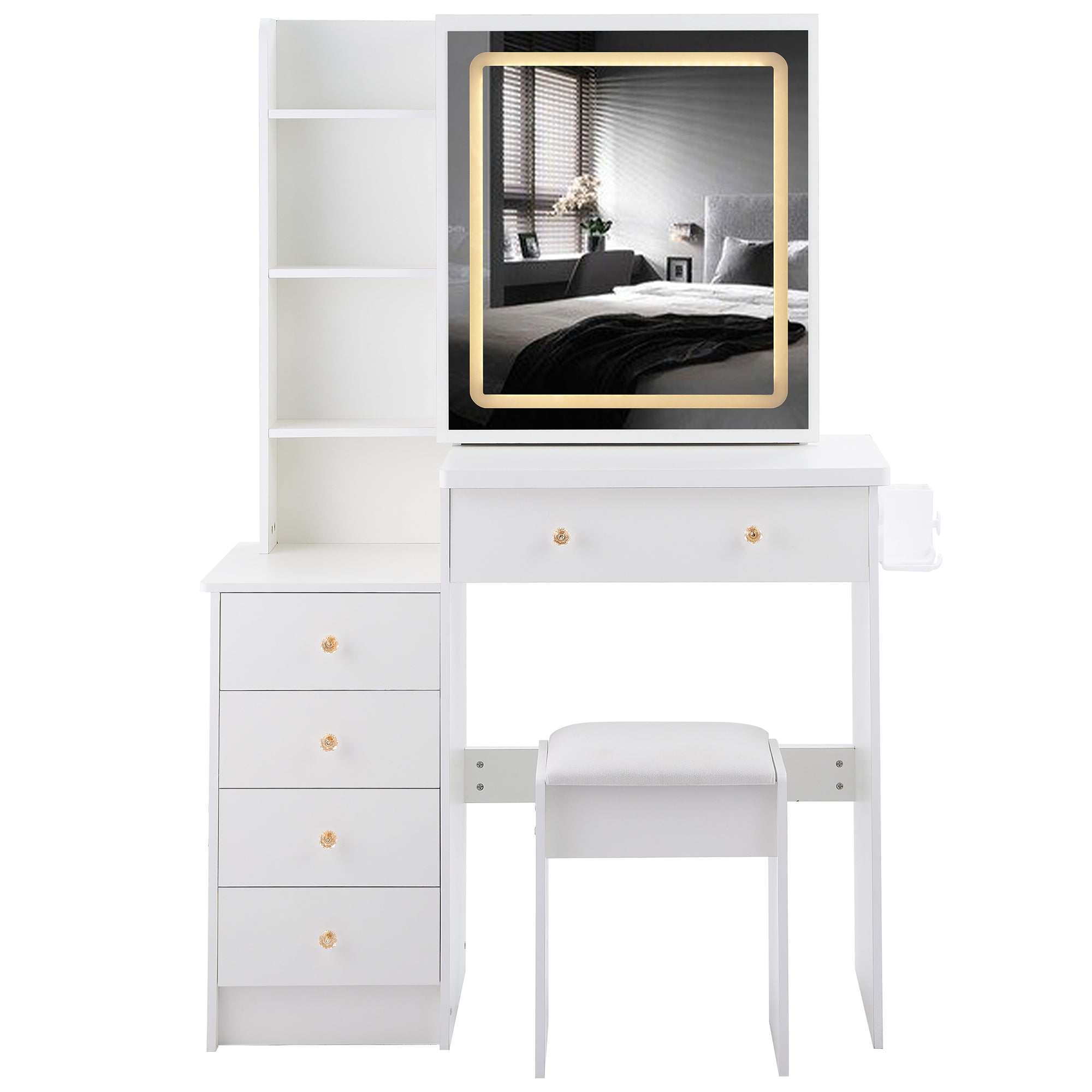 HAOYYE 37" Middle Size Left Bedside Cabinet Vanity Table + Cushioned Stool Dresser Set, 2 AC+2 USB Socket, Hair Dryer Stand, Large Touch Control LED Sliding Mirror, 3-color Switch, EPA, GCC, UL Certificate