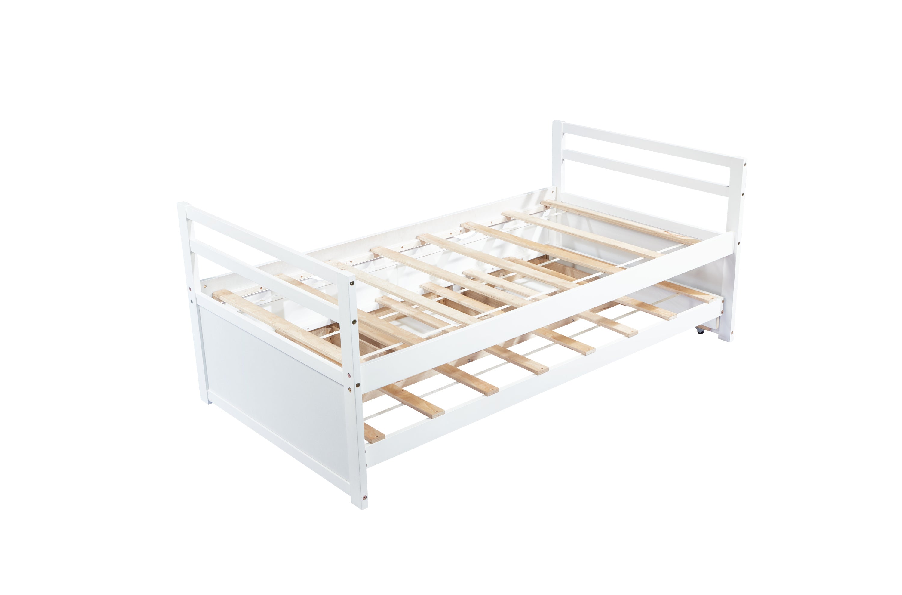 HAOYYE Twin Bed with Headboard, Footboard, Trundle and Storage Drawers, Pine Wood Twin Size Bed, White, Sturdy Space-Saving Heavy Duty Construction, Ideal for Adults and Dorm Rooms