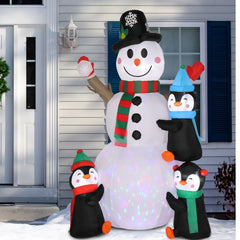 HAOYYE 6FT Inflatable Christmas Snowman Decoration with Three Penguins, Four Light Strings and One Colorful Rotating Light, Holiday Yard Garden Outdoor Decoration for Front Yard Lawn Party Winter Decor