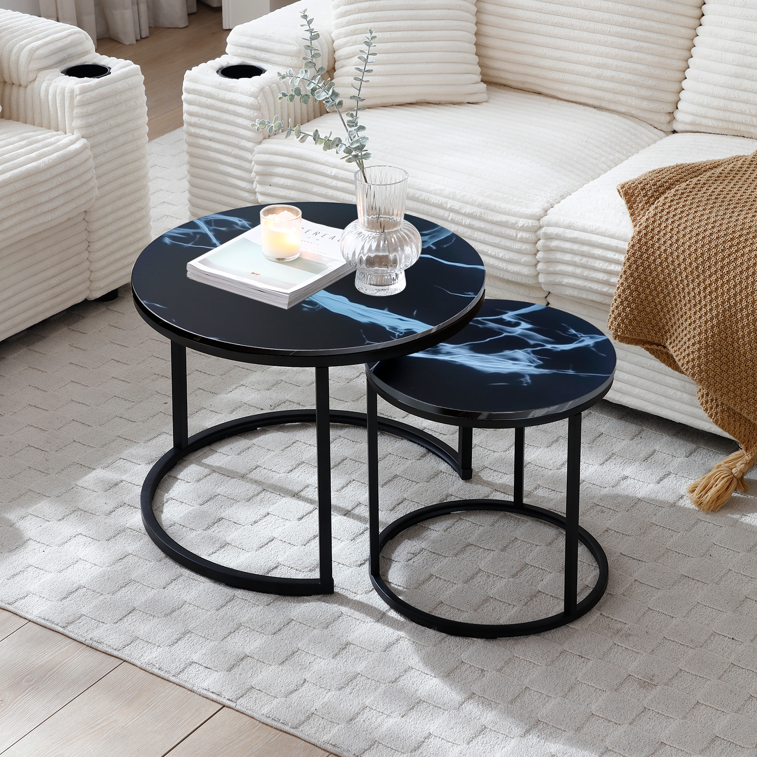 HAOYYE Set of 2 Round Nesting Coffee Tables with Black Marble Pattern Top and Metal Frame, Modern Industrial Circular Side Tables for Living Room Bedroom Apartment or Office Use