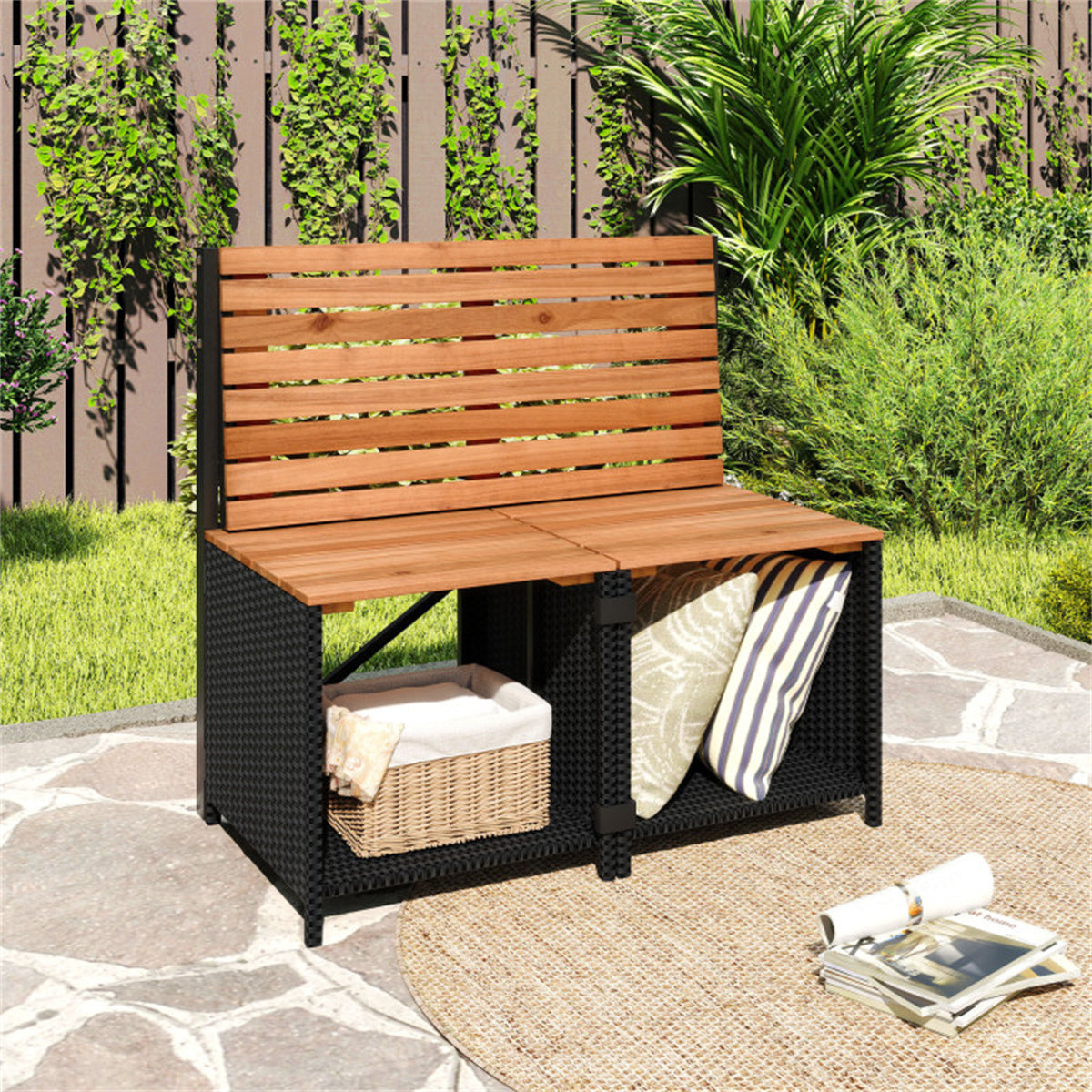 HAOYYE Black PE Rattan 2-in-1 Convertible Picnic Table and Chair Set with Storage, Hand-Woven Weather-Resistant Outdoor Furniture, Solid Acacia Wood Frame, Heavy-Duty Metal Support, Perfect for Patio, Garden, Backyard, Porch Use