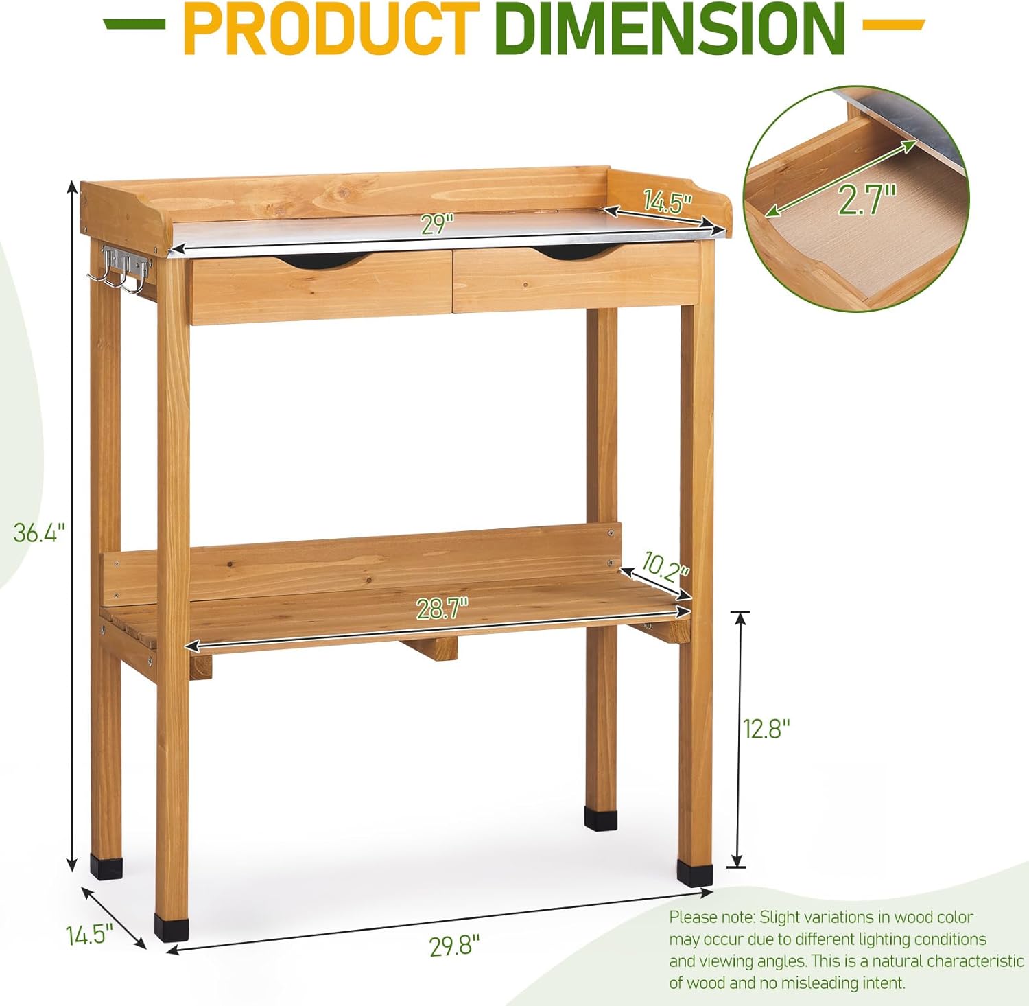 HAOYYE Outdoor Garden Potting Bench Table Wooden Planting Workstation with Metal Tabletop 2 Storage Drawers Bottom Shelf and 3 Side Hooks for Patio Balcony Greenhouse Backyard Natural Wood