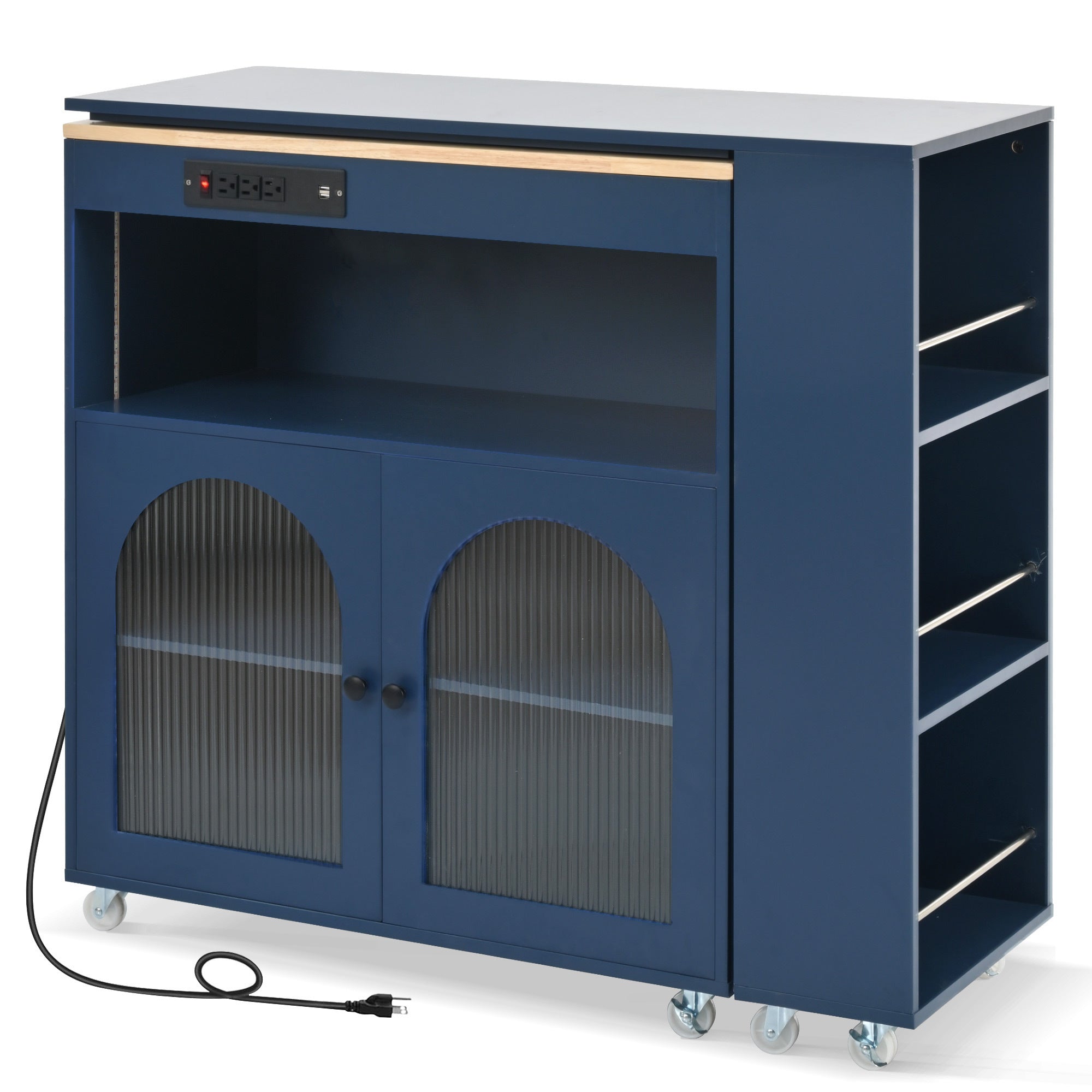 HAOYYE Navy Rolling Kitchen Island With Extended Table, LED Lights, Power Outlets, Fluted Glass Doors, Storage Compartment, and Open Shelves, Sturdy Space-Saving Design, Easy Assembly