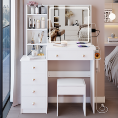 HAOYYE 37" Middle Size Left Bedside Cabinet Vanity Table + Cushioned Stool Dresser Set, 2 AC+2 USB Socket, Hair Dryer Stand, Large Touch Control LED Sliding Mirror, 3-color Switch, EPA, GCC, UL Certificate