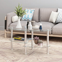 HAOYYE Transparent Oval glass coffee table, modern table with stainless steel leg, tea table 3-layer glass table for living room Sturdy Space-Saving Heavy Duty Modern Design Adults Dorm Room