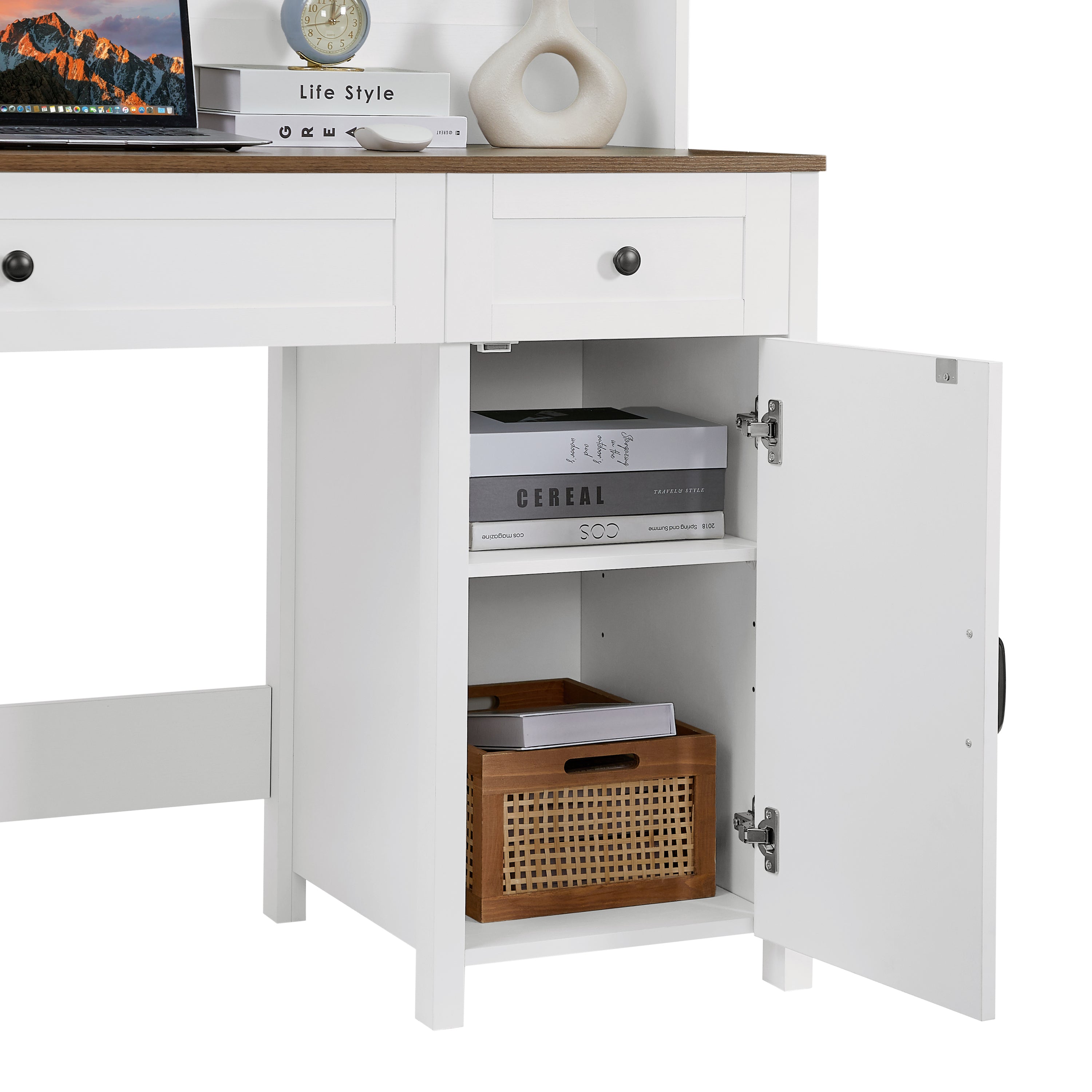 HAOYYE Farmhouse Executive Desk With Drawers, Rustic Home Office Desk With Charging Station, File Drawer, Storage Cabinet, Sturdy Space-Saving Heavy Duty Computer Writing Desk (Antique White)