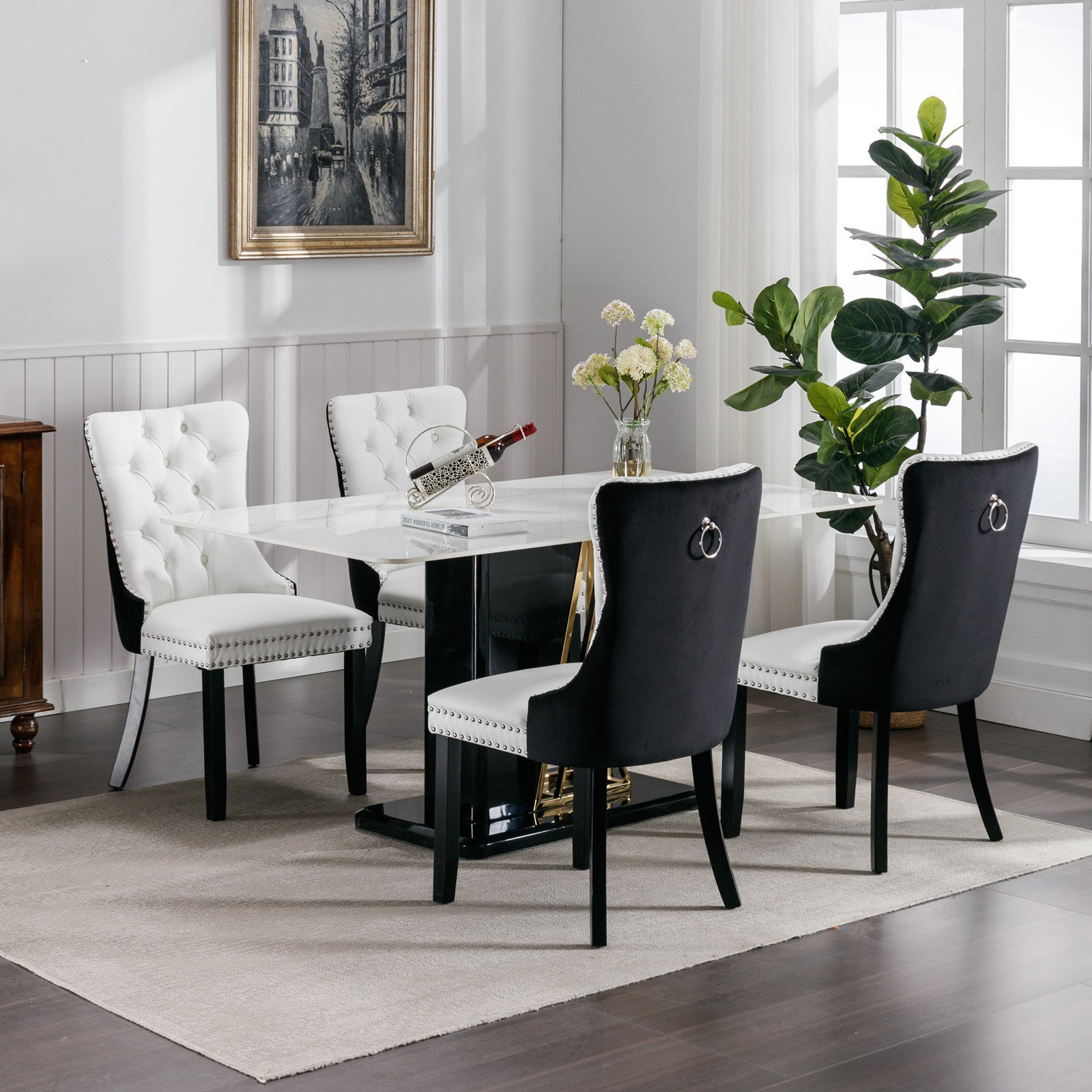 HAOYYE Nikki Collection Modern,High-end Tufted Solid Wood Contemporary PU and Velvet Upholstered Dining Chair with Wood Legs Nailhead Trim 2 Pcs Set,White+Black, SW2101WB Sturdy Space-Saving