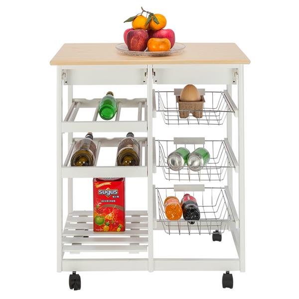 HAOYYE Moveable Kitchen Island Cart with Two Drawers, Three Metal Baskets, and Two Wine Racks, Sturdy Durable Rolling Storage Cart with White Pine Frame, Easy Assembly, Space-Saving, Ideal for Home Kitchens or Dining Rooms