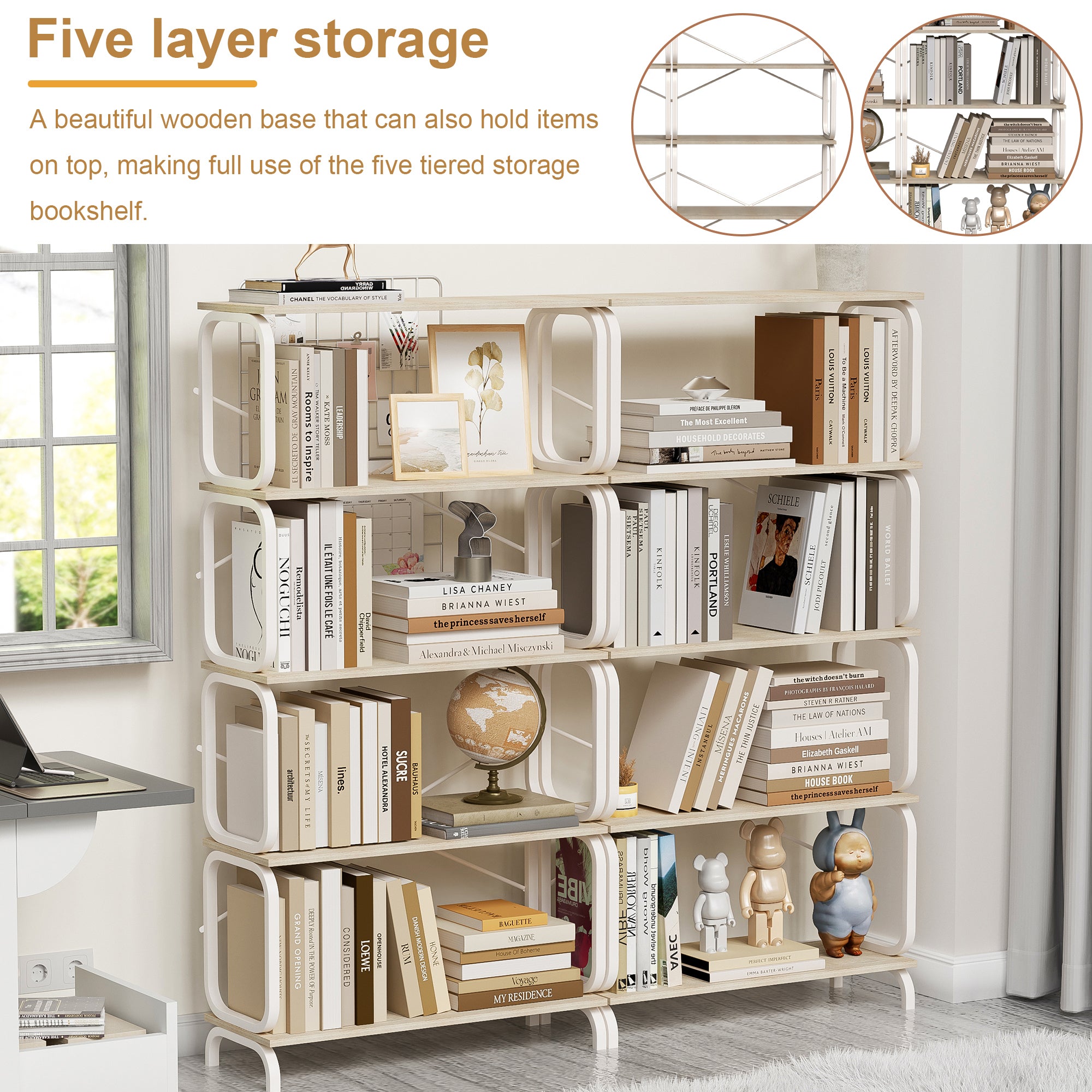 HAOYYE 5 Tier Large Book Shelf, Bookcase Home Office Open Bookshelf,Shelves for Living Room, Office Shelf,Vintage Industrial Style Bookshelf with White Metal Frame, White Sturdy Space-Saving Heavy Duty