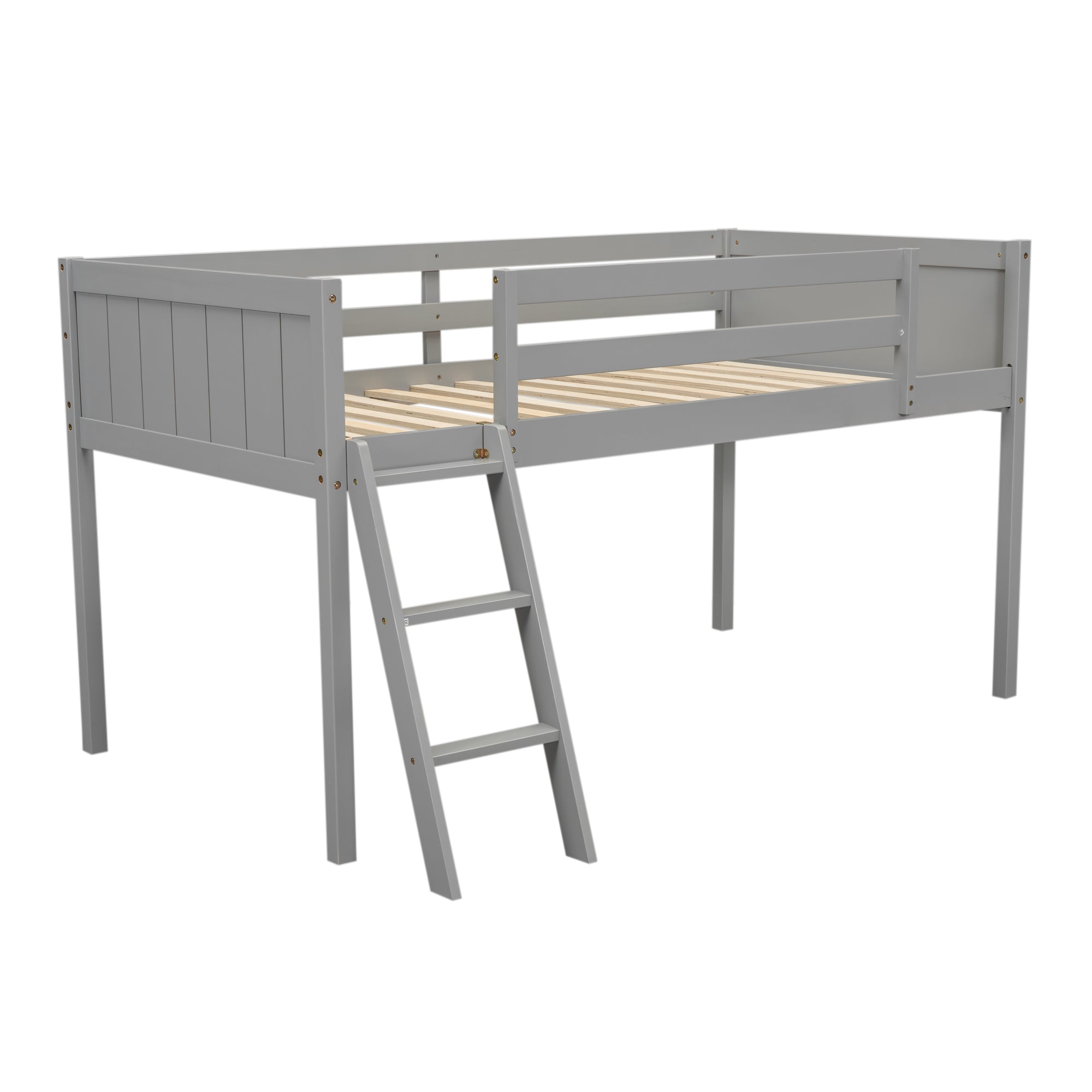HAOYYE Twin Size Wood Low Loft Bed with Ladder, ladder can be placed on the left or right, Gray Sturdy Space-Saving Heavy Duty Modern Design Adults Dorm Room Easy Assembly Bedroom Furniture