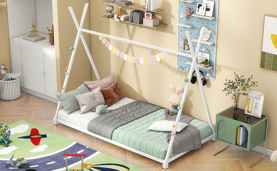 HAOYYE Metal Twin Size House Platform Bed with Triangle Structure, White Sturdy Space-Saving Heavy Duty Modern Design Adults Dorm Room Easy Assembly Bedroom Furniture
