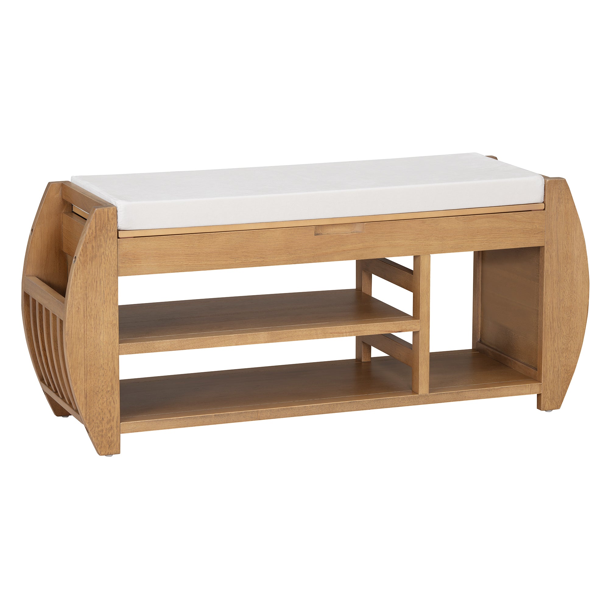 HAOYYE Retro Multifunctional Storage Bench with Cushion and Curved Side Panel for Entrance and Living Room (Natural) Sturdy Space-Saving Heavy Duty Modern Design Easy Assembly Durable Stylish Versatile
