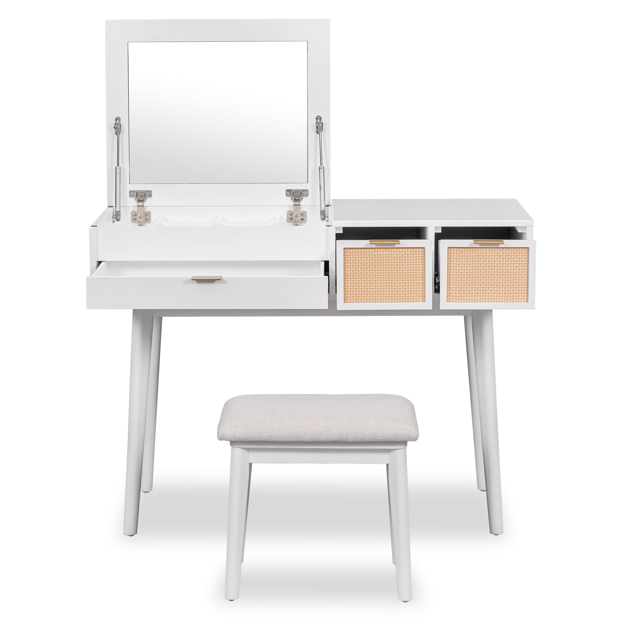 HAOYYE Classic Wood Makeup Vanity Set with Flip-top Mirror and Stool, Dressing Table with Three Drawers and Storage Space, White Modern Design, Luxury Style, Durable Material, Space-saving