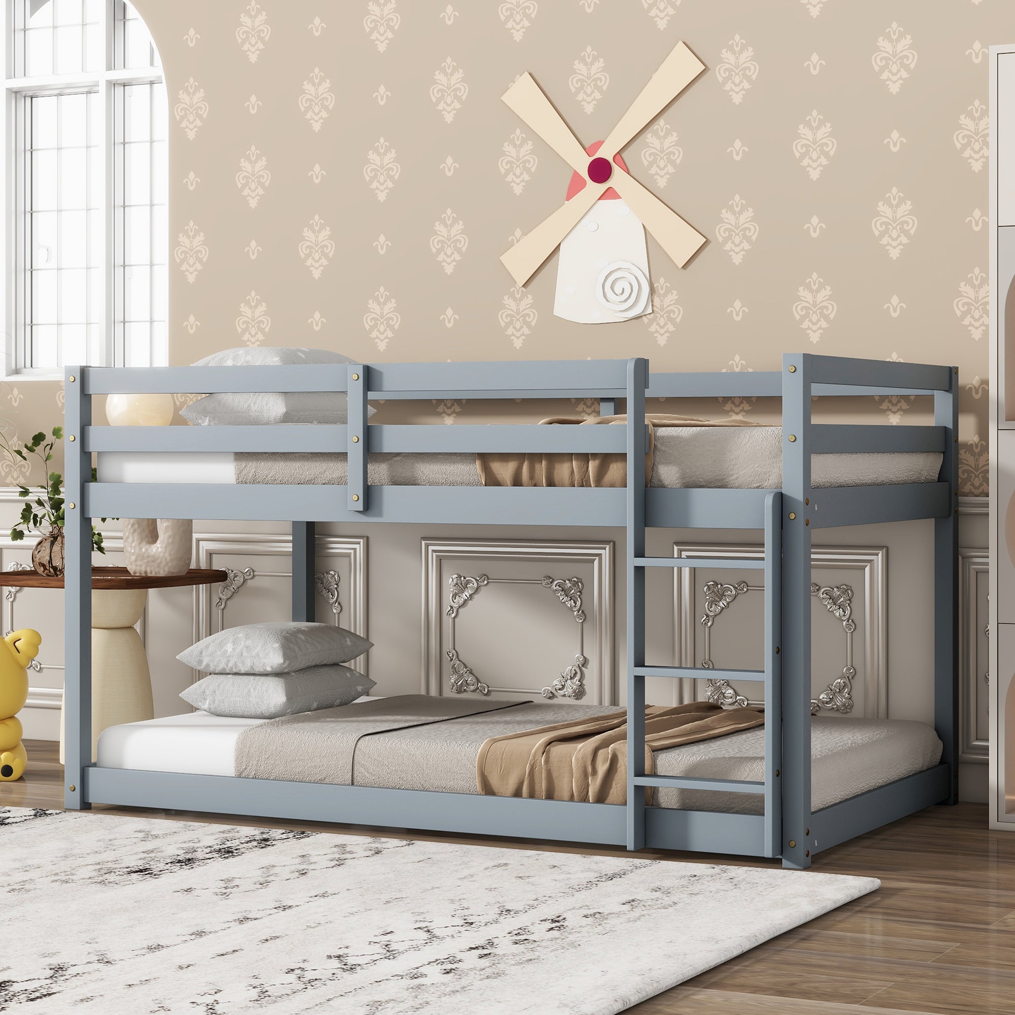 HAOYYE Solid Wooden, Solid Rubber Wooden Twin over Twin Loft Bed with Ladder, with Bed Platform of Strengthened Slats , Grey Sturdy Space-Saving Heavy Duty Modern Design Adults Dorm Room Easy Assembly